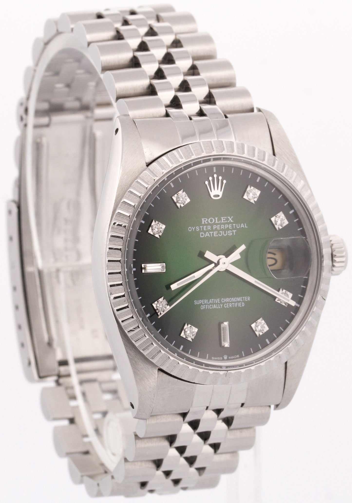 VINTAGE Rolex DateJust 36mm VIGNETTE GREEN DIAMOND Stainless Steel JUBILEE 16030