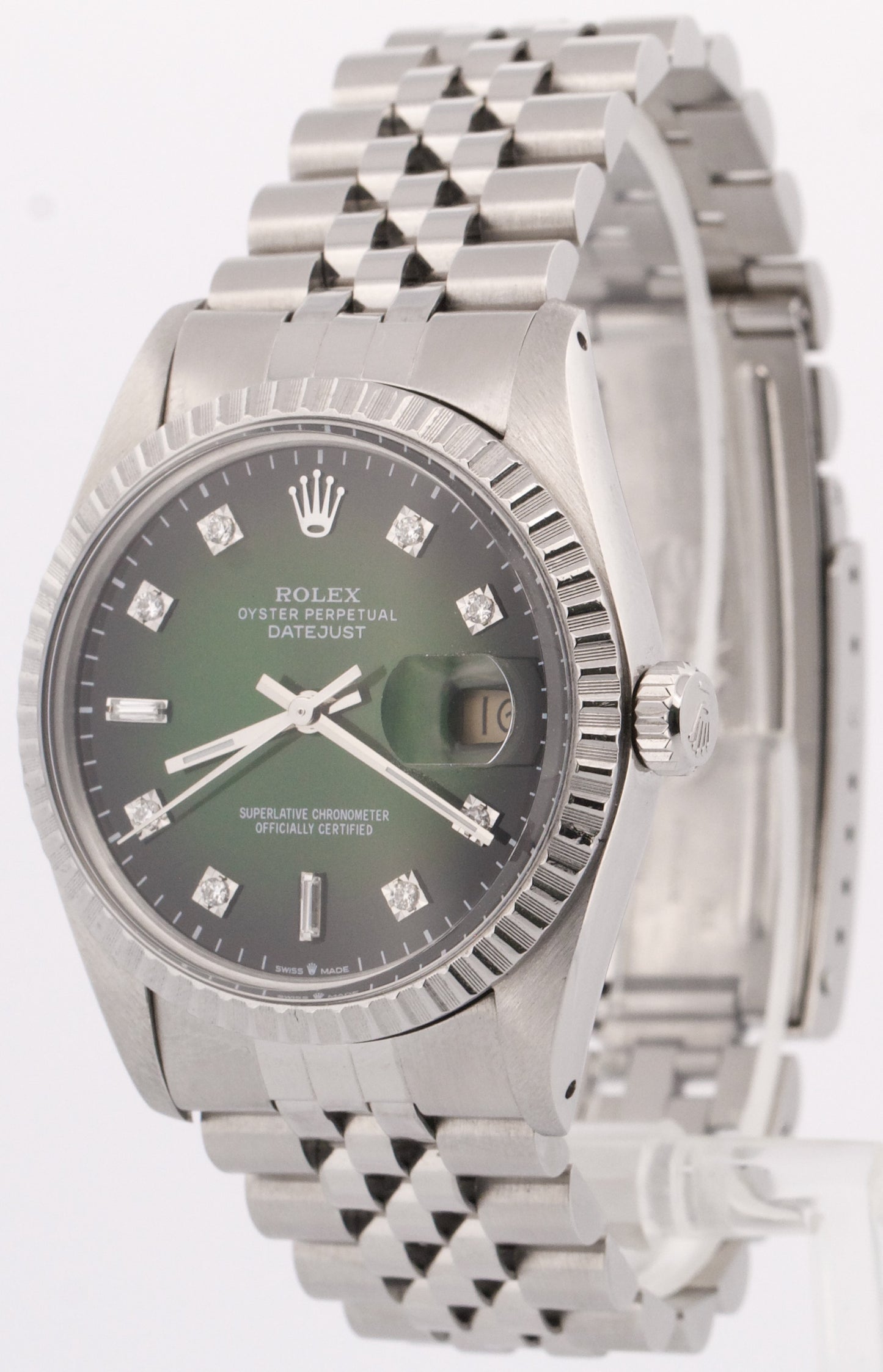 VINTAGE Rolex DateJust 36mm VIGNETTE GREEN DIAMOND Stainless Steel JUBILEE 16030
