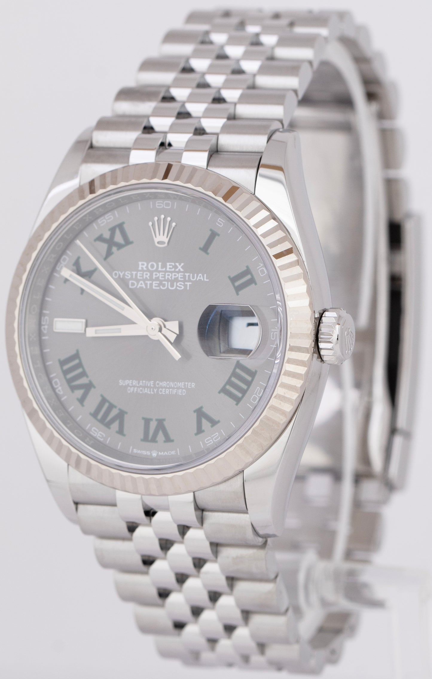 2022 Rolex DateJust Wimbledon 36mm Fluted Steel White Gold Jubilee Watch 126234