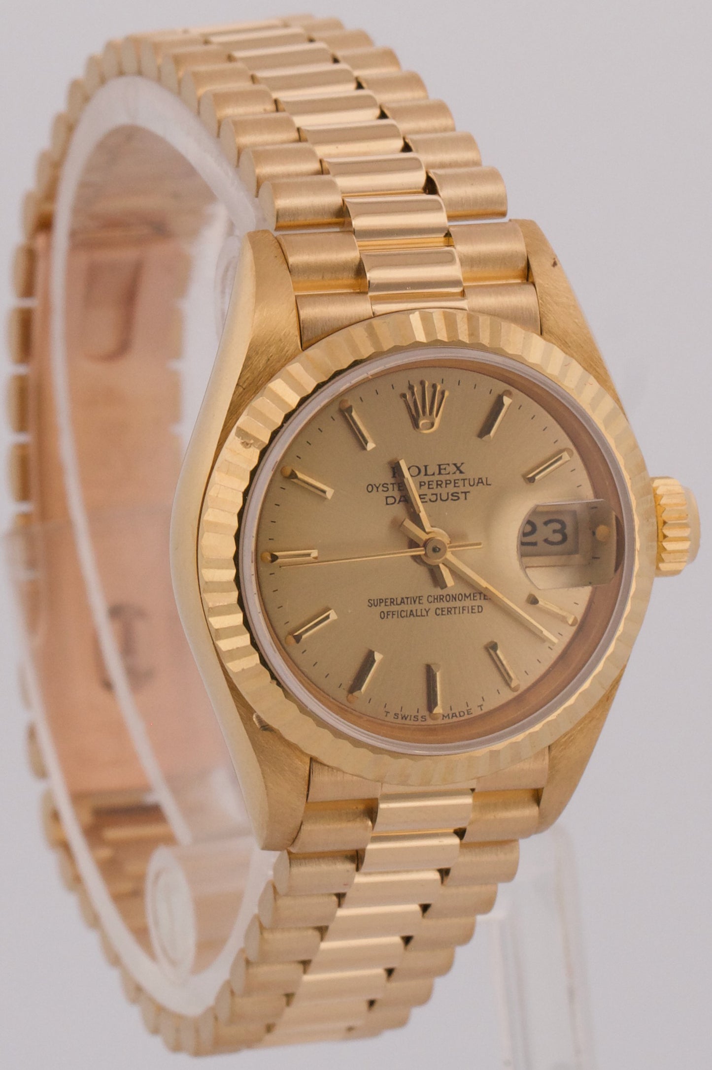 PAPERS Ladies Rolex DateJust President 26mm CHAMPAGNE 18K Yellow Gold 69178 BOX
