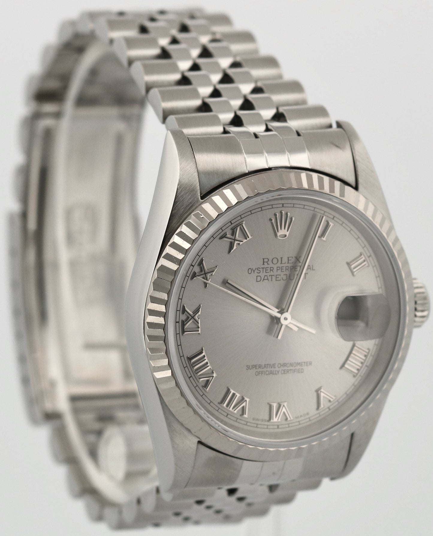 Rolex DateJust SILVER ROMAN Stainless Steel 18K Gold NO-HOLES 36mm 16234 Watch