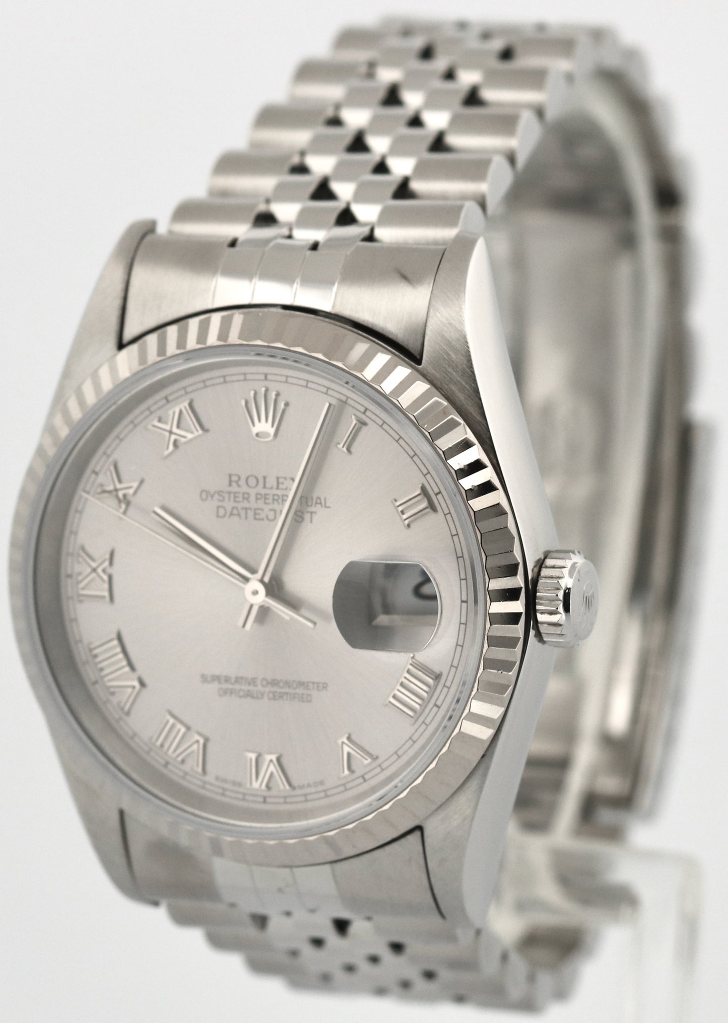 Rolex DateJust SILVER ROMAN Stainless Steel 18K Gold NO-HOLES 36mm 16234 Watch