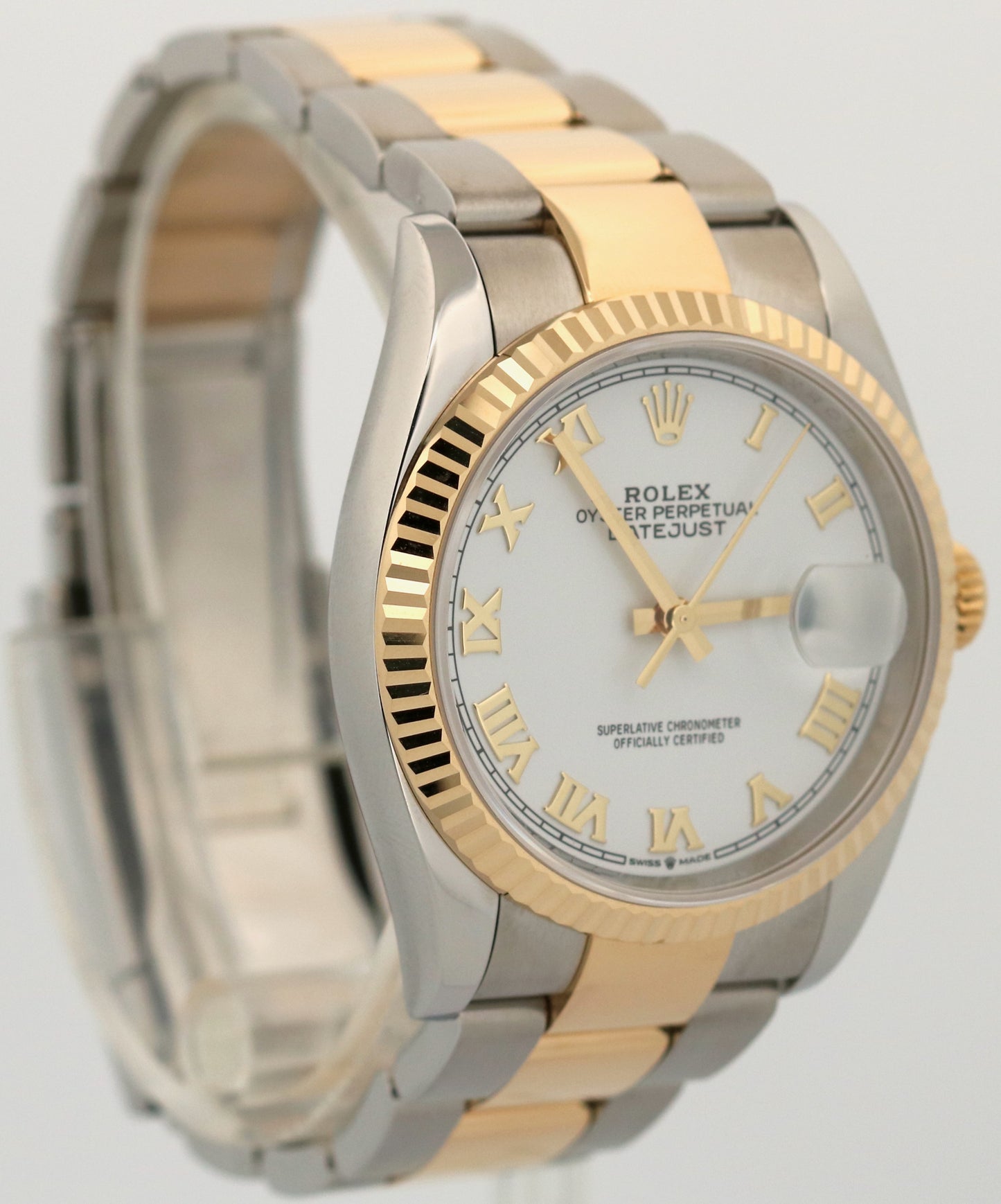 Rolex DateJust 36 WHITE ROMAN 18K Yellow Gold Steel OYSTER Fluted 36mm 126233
