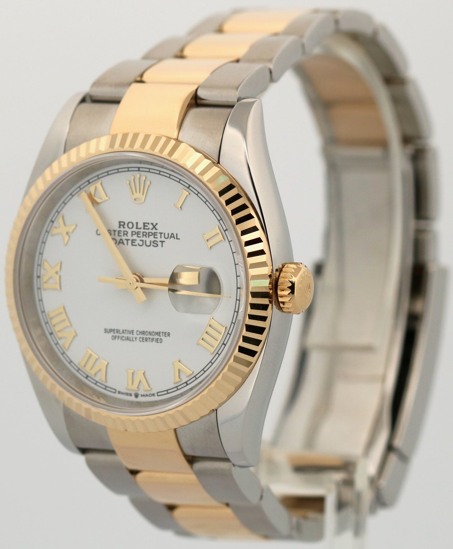 Rolex DateJust 36 WHITE ROMAN 18K Yellow Gold Steel OYSTER Fluted 36mm 126233