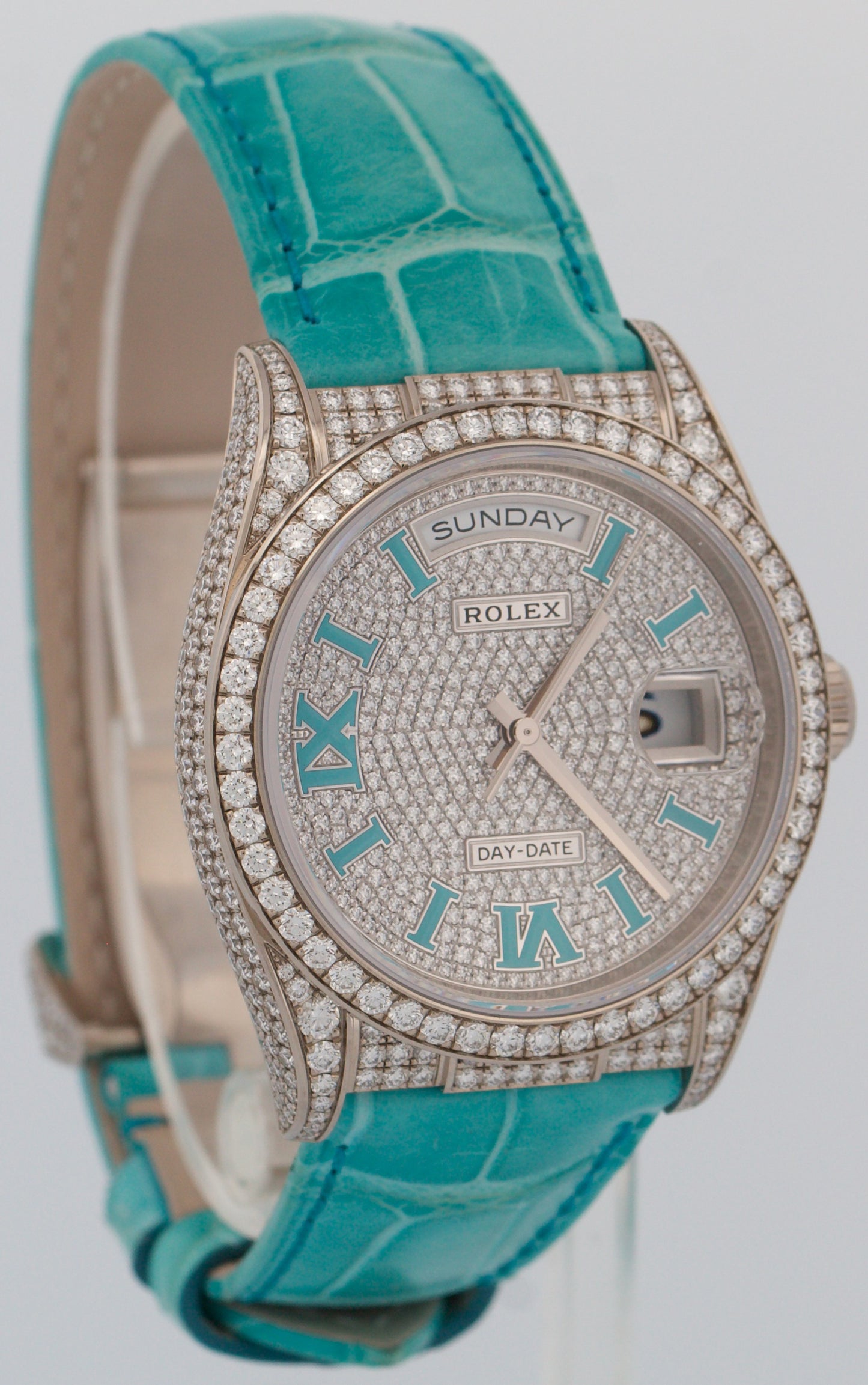 NEW 2025 PAPERS Rolex Day-Date PAVE DIAMOND TURQUOISE ROMAN 36mm 128159RBR BOX