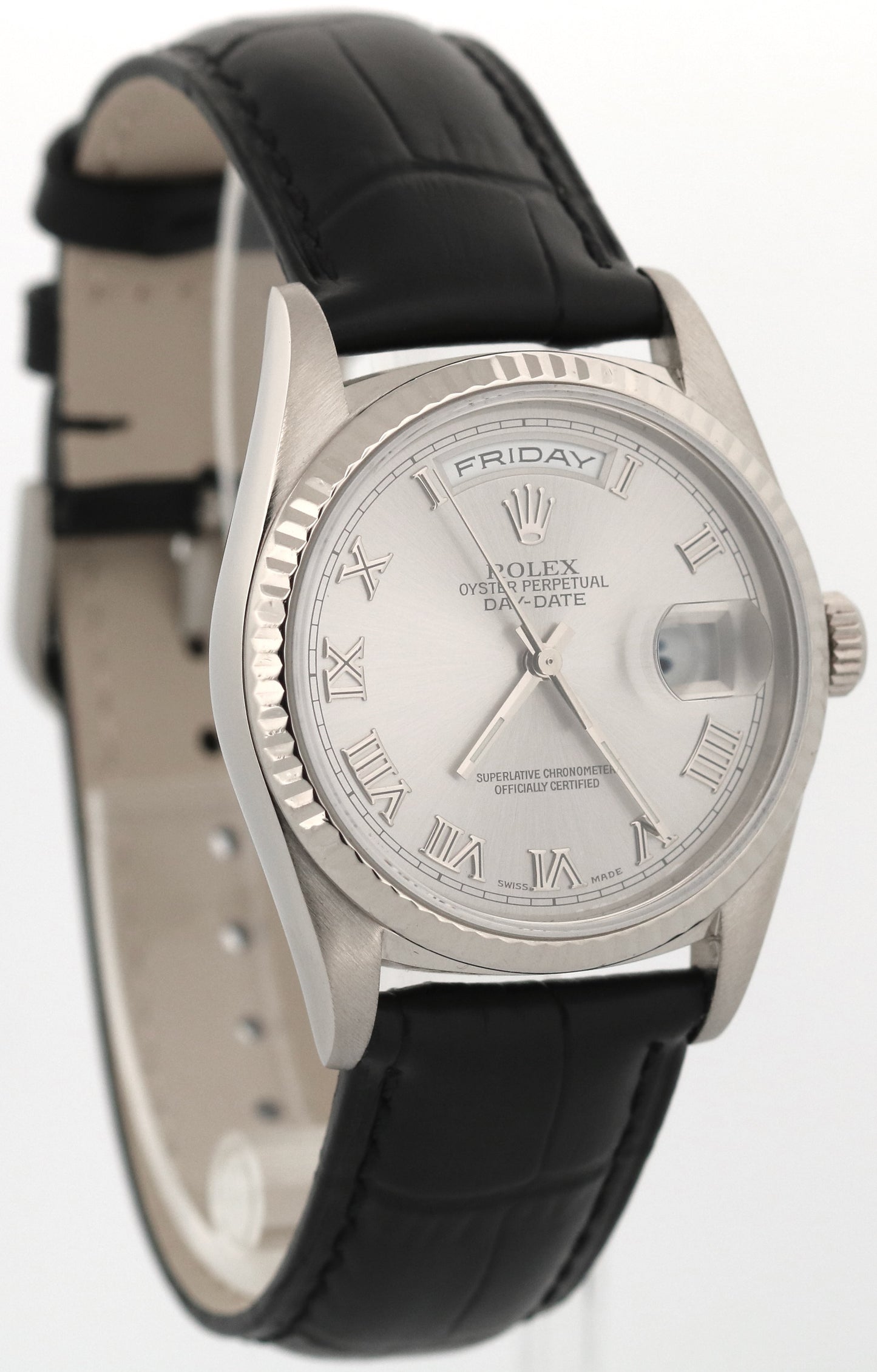 1999 Rolex Day-Date 36mm SILVER ROMAN 18K White Gold Fluted Leather Watch 18239