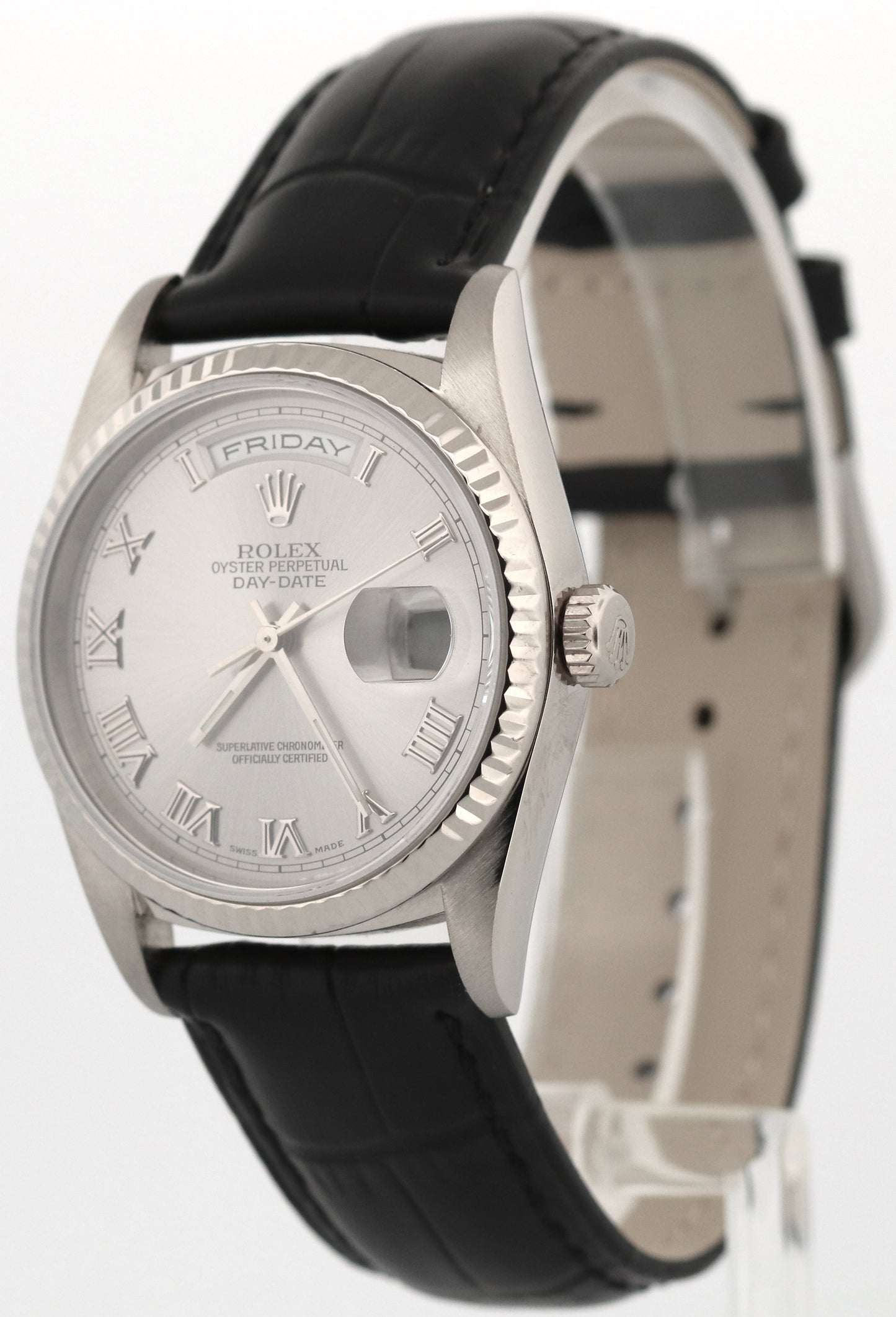 1999 Rolex Day-Date 36mm SILVER ROMAN 18K White Gold Fluted Leather Watch 18239