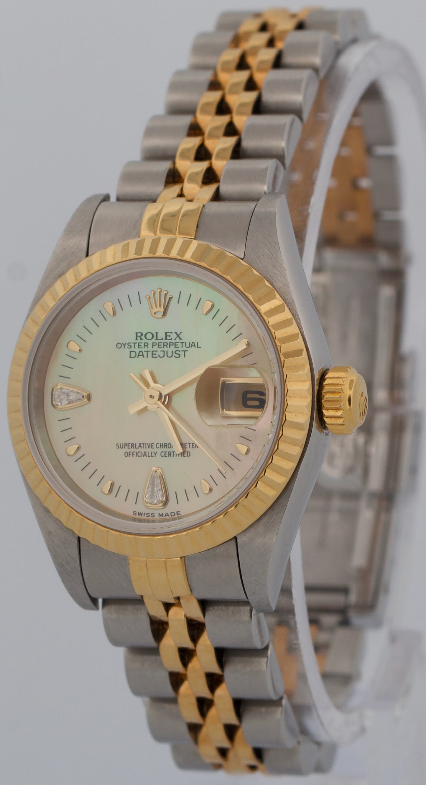 Ladies Rolex DateJust FACTORY MOP TEARDROP DIAMOND 18K 26mm JUBILEE 79173 BOX