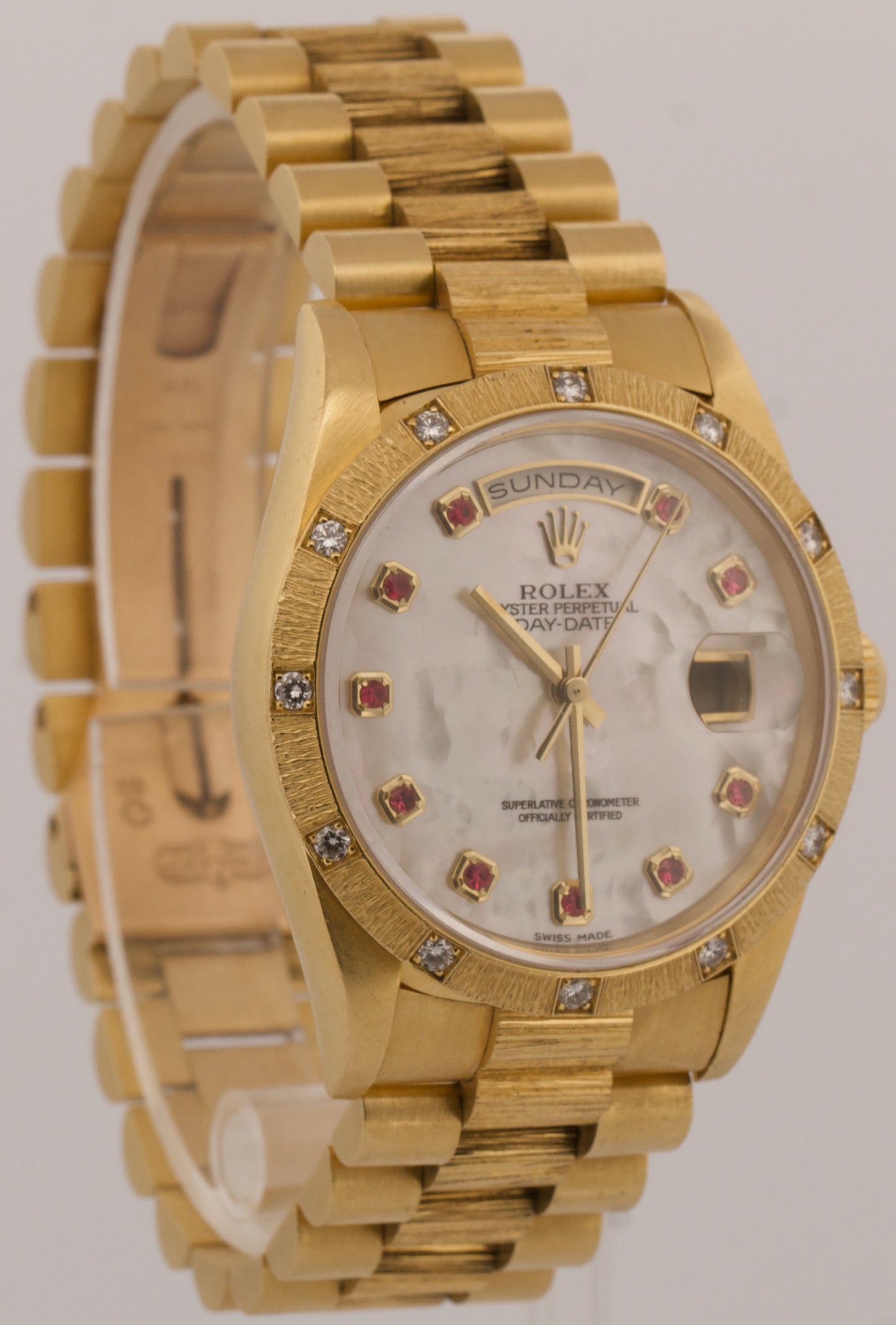 PAPERS Rolex Day-Date President MOP RUBY 18K Gold DIAMOND BARK 36mm 18308 BOX