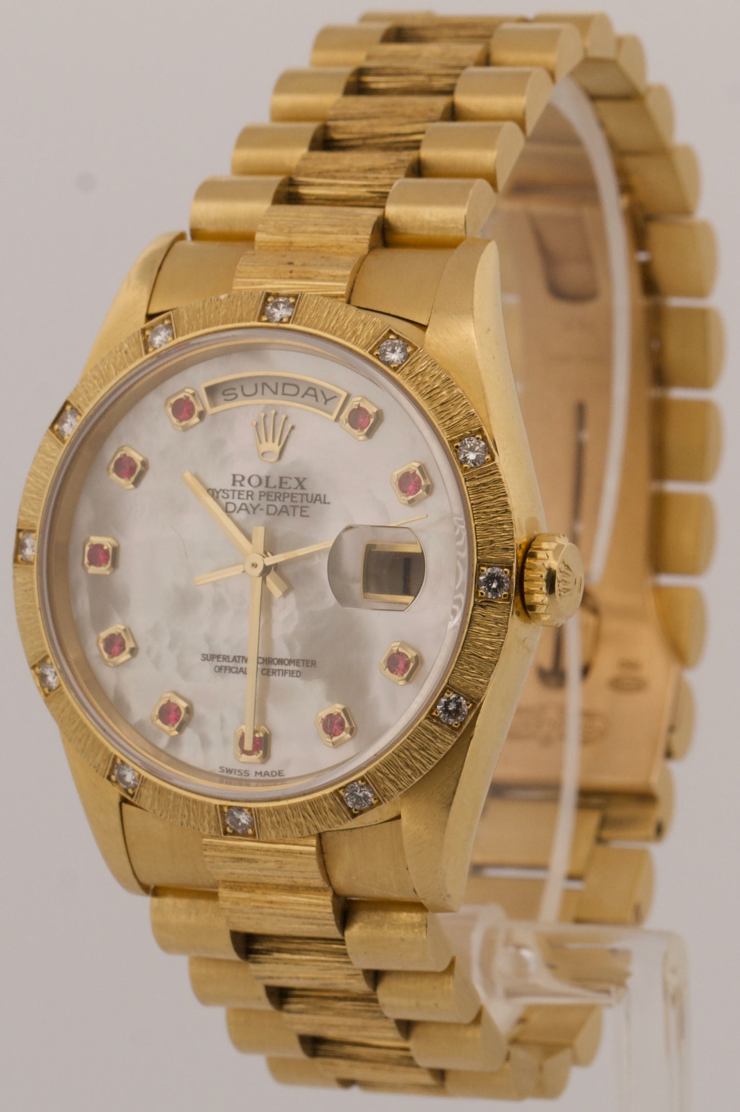 PAPERS Rolex Day-Date President MOP RUBY 18K Gold DIAMOND BARK 36mm 18308 BOX