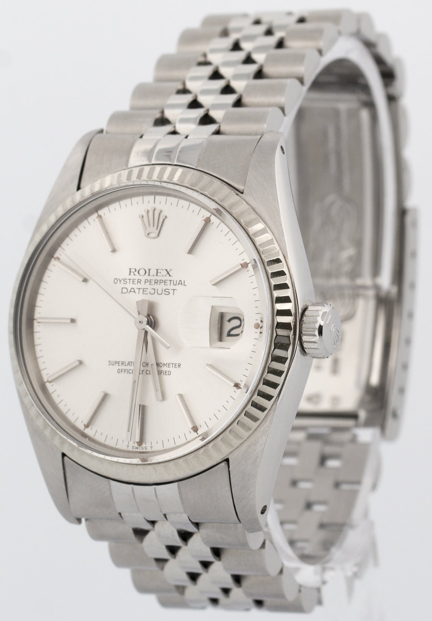 Rolex DateJust 36mm SILVER Stainless Steel 18K White Gold JUBILEE Fluted 16014
