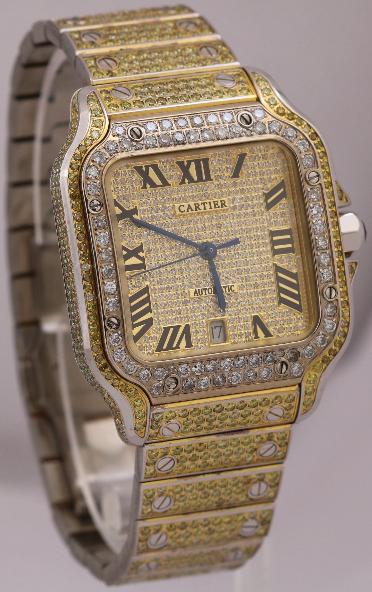 Cartier Santos 39.8mm YELLOW PAVE DIAMOND Roman Automatic Steel 4072 Watch