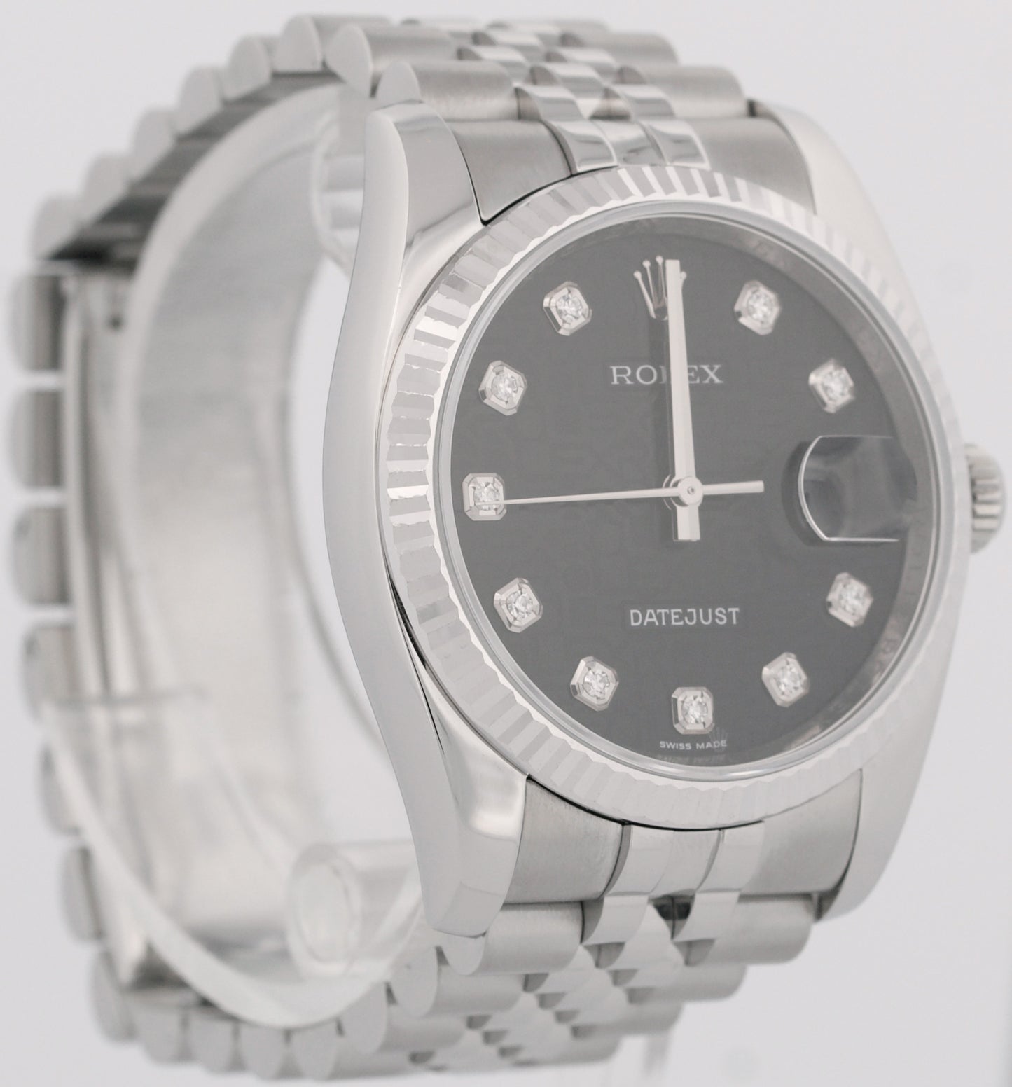 MINT Rolex DateJust BLACK JUBILEE DIAMOND 36mm 18K White Gold Steel 116234 Watch