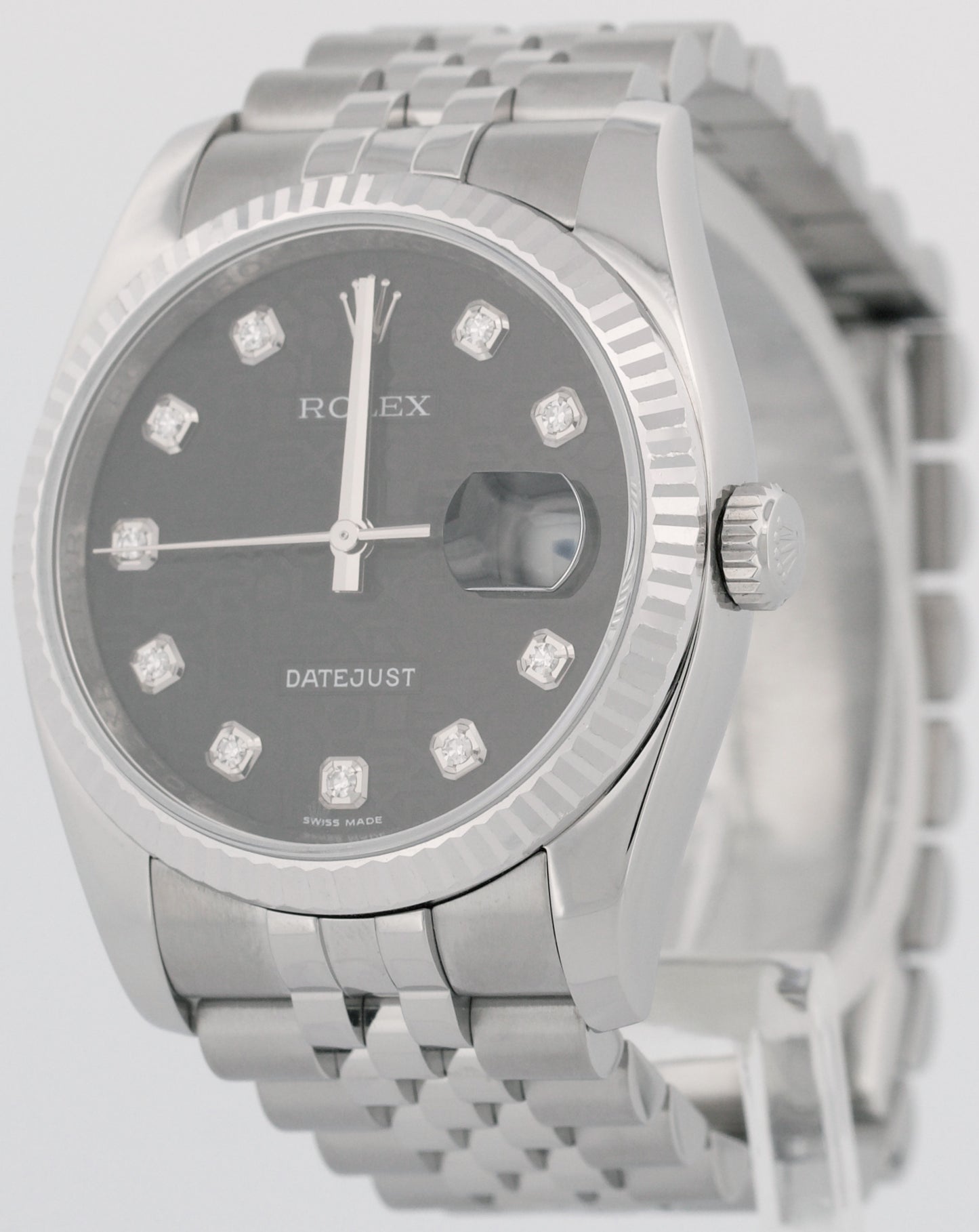 MINT Rolex DateJust BLACK JUBILEE DIAMOND 36mm 18K White Gold Steel 116234 Watch