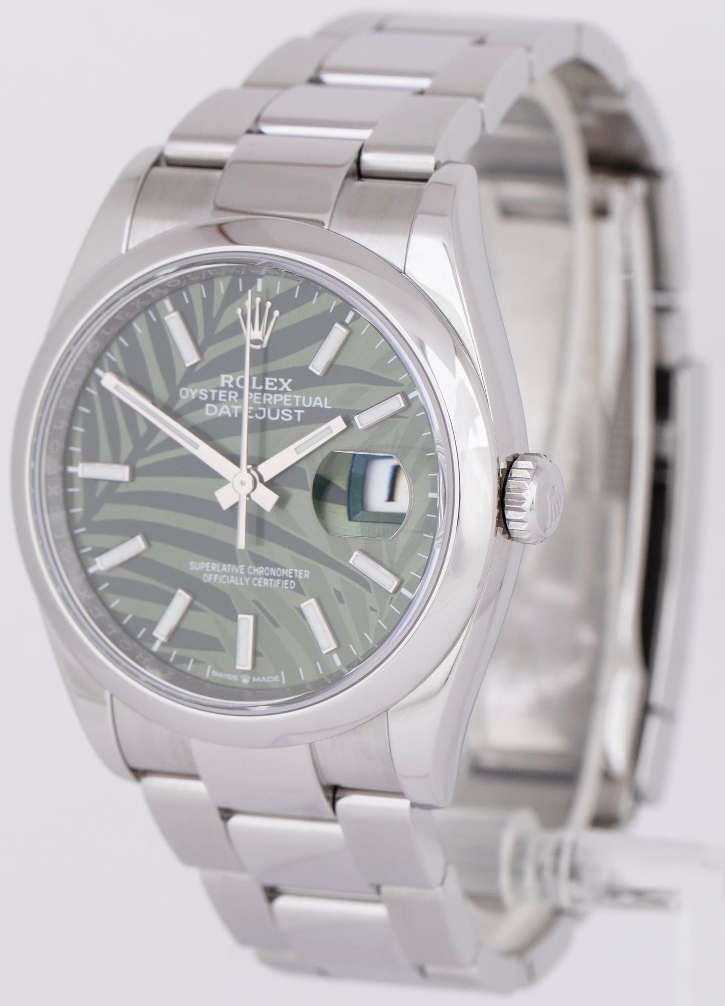 2022 NEW PAPERS Rolex DateJust Green Palm Motif Stainless 36mm Watch 126200 B+P