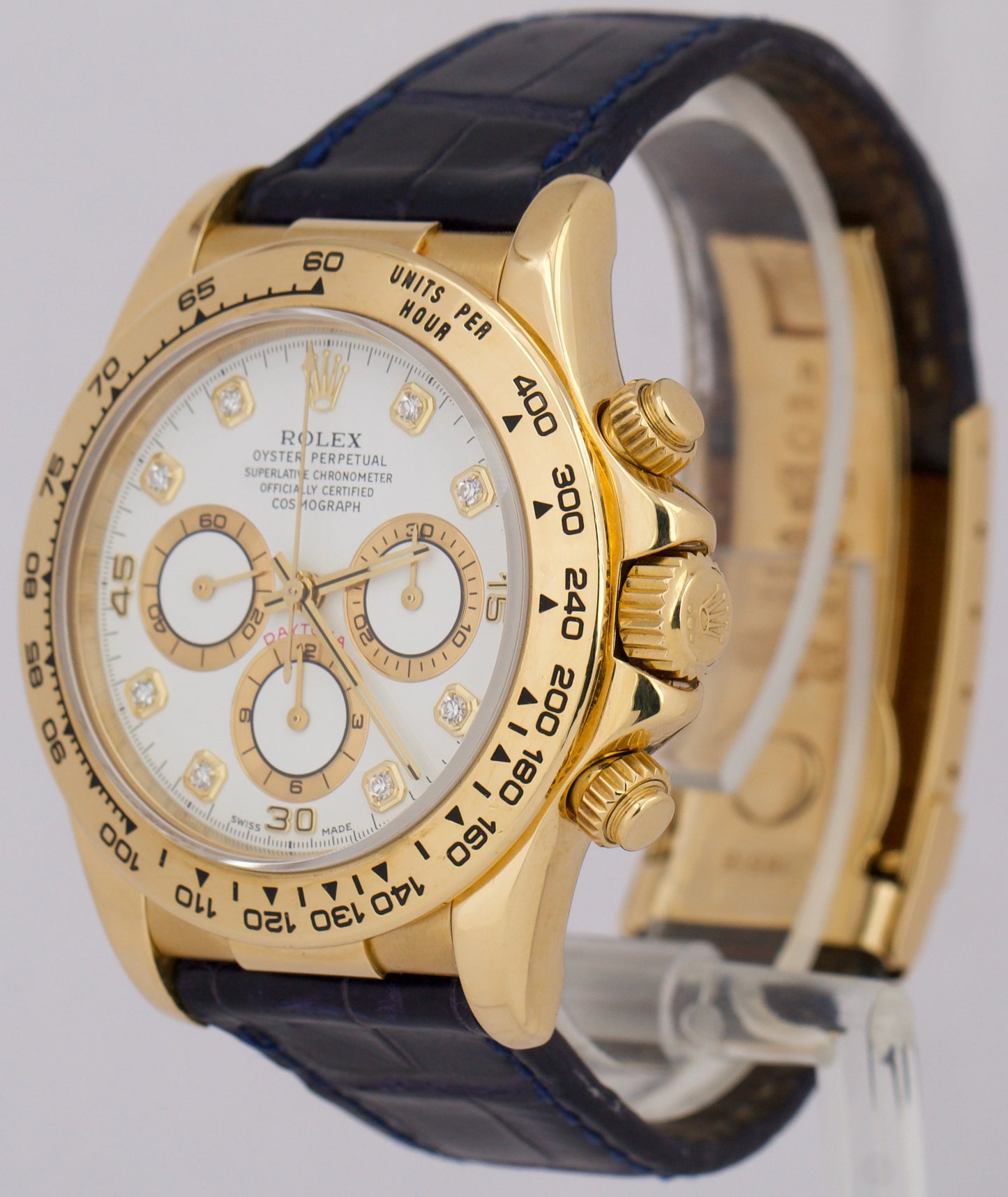 Rolex Daytona Cosmograph FACTORY WHITE DIAMOND Leather 18K Yellow Gold 16518