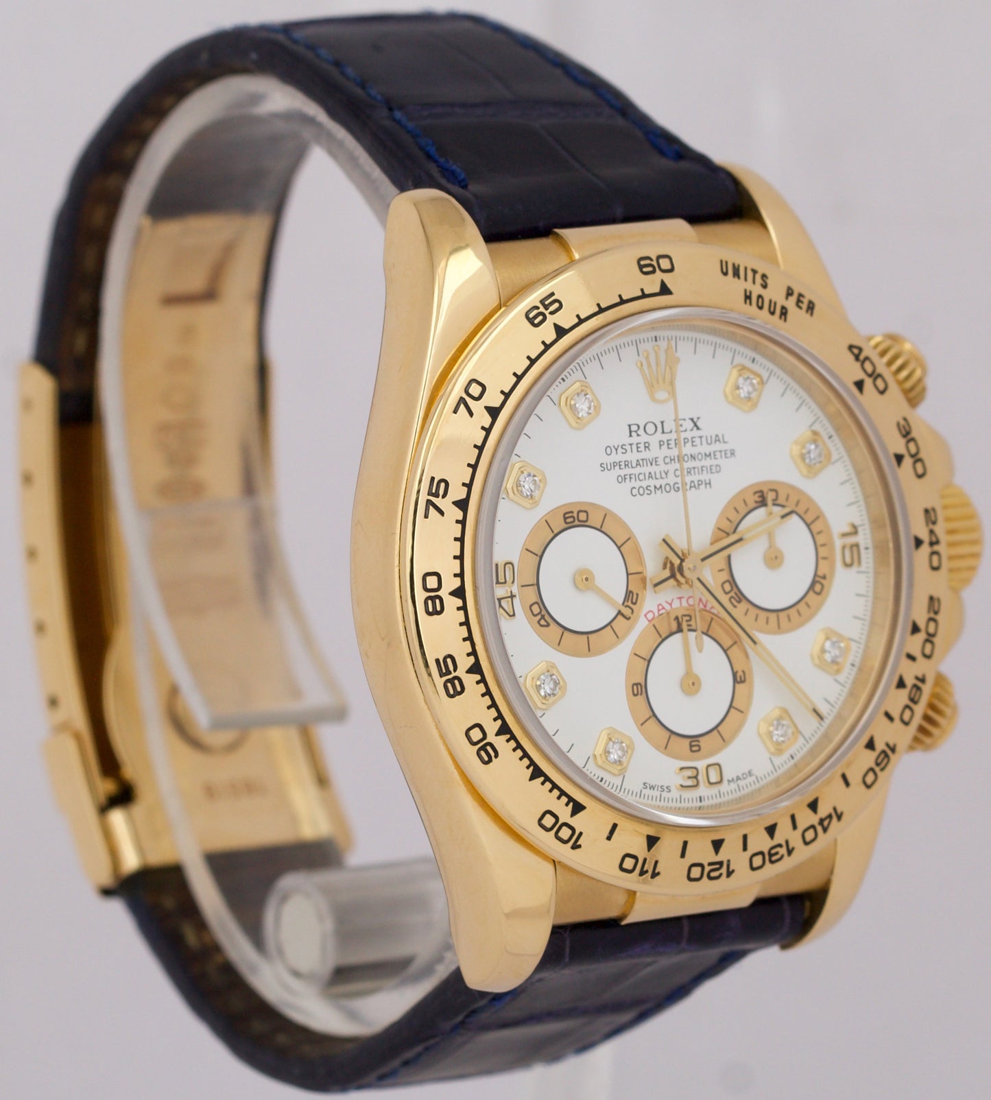 Rolex Daytona Cosmograph FACTORY WHITE DIAMOND Leather 18K Yellow Gold 16518