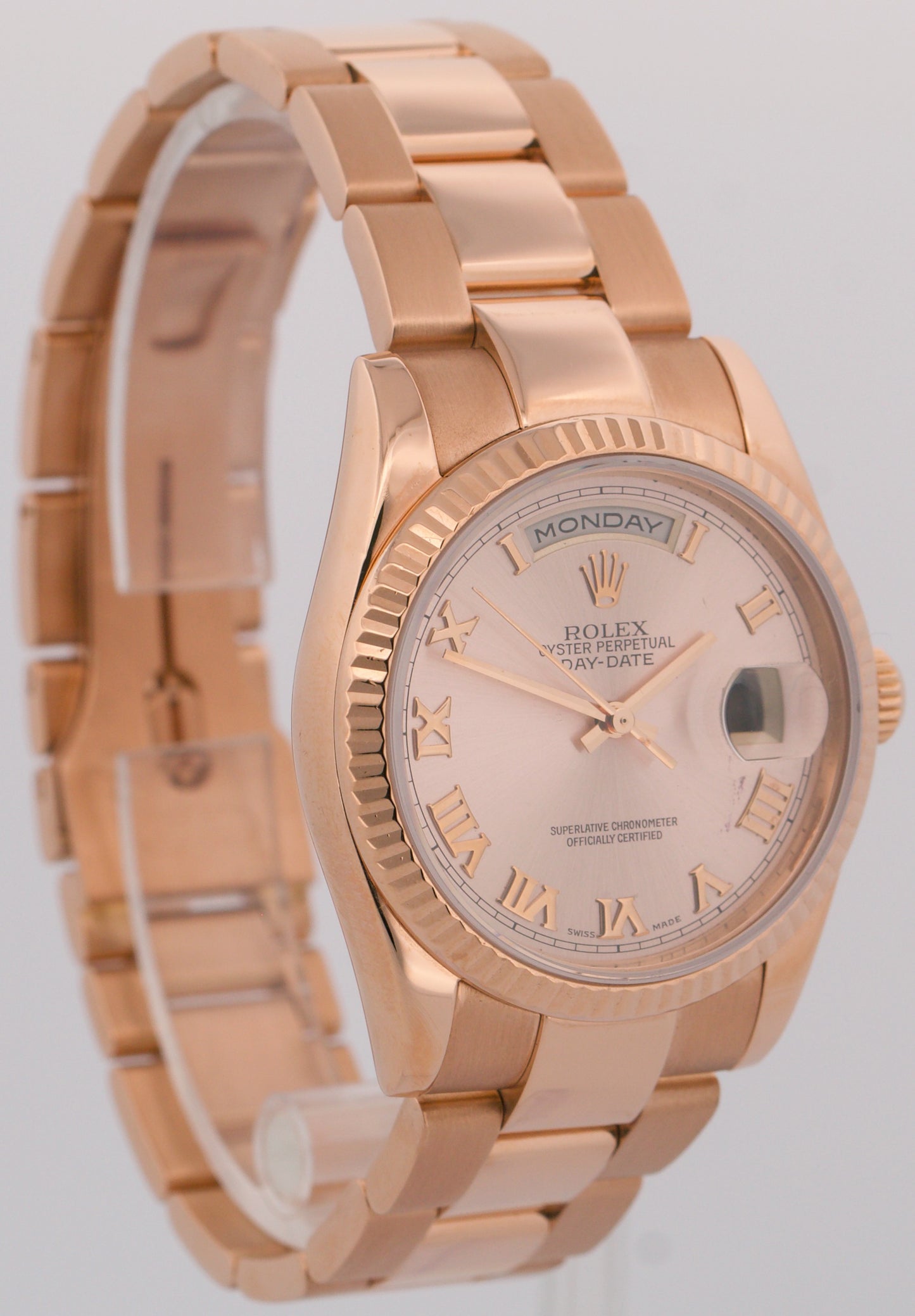 Rolex Day-Date Pink SUNDUST Roman 18k Rose Gold Fluted OYSTER 36mm 118235 Watch