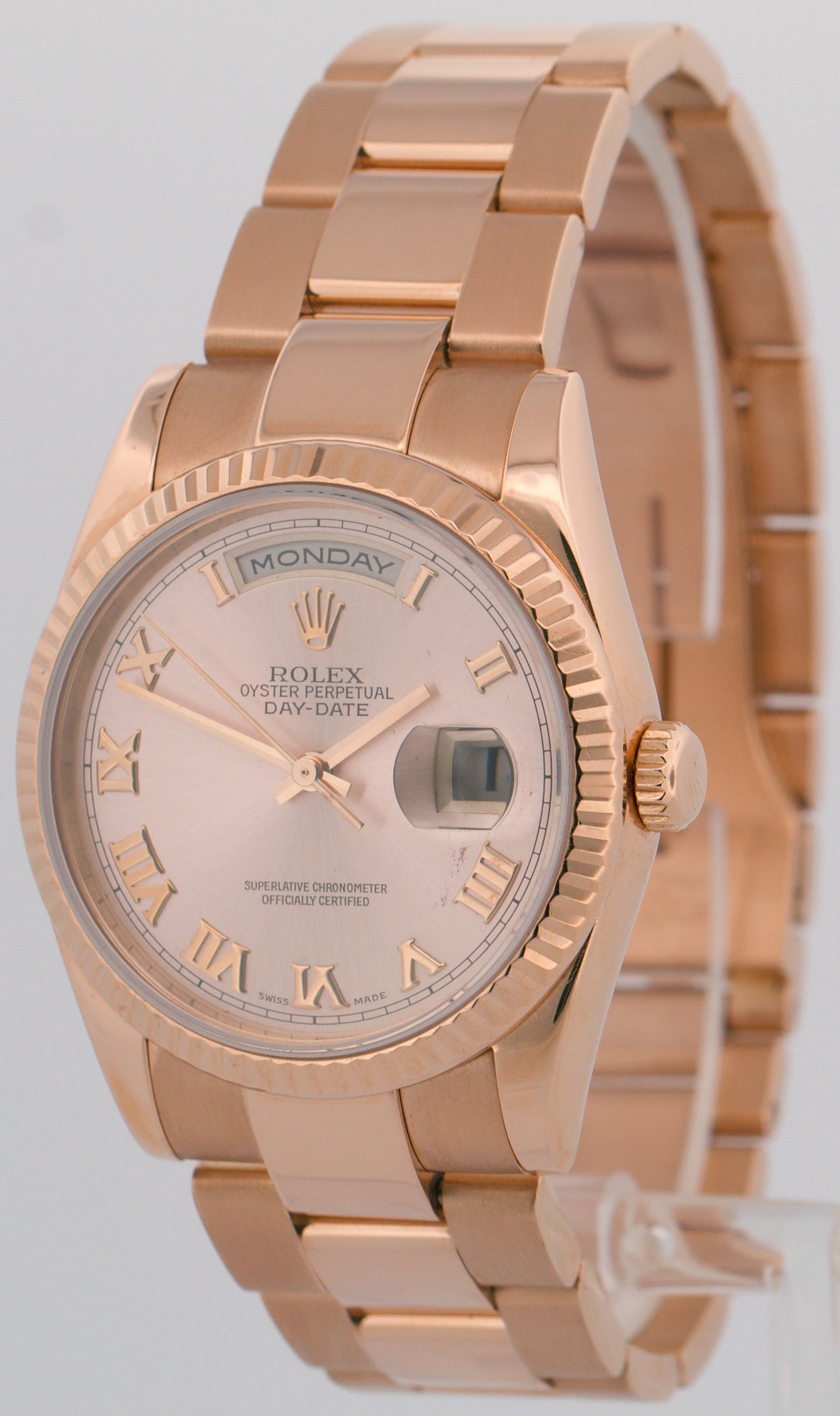 Rolex Day-Date Pink SUNDUST Roman 18k Rose Gold Fluted OYSTER 36mm 118235 Watch