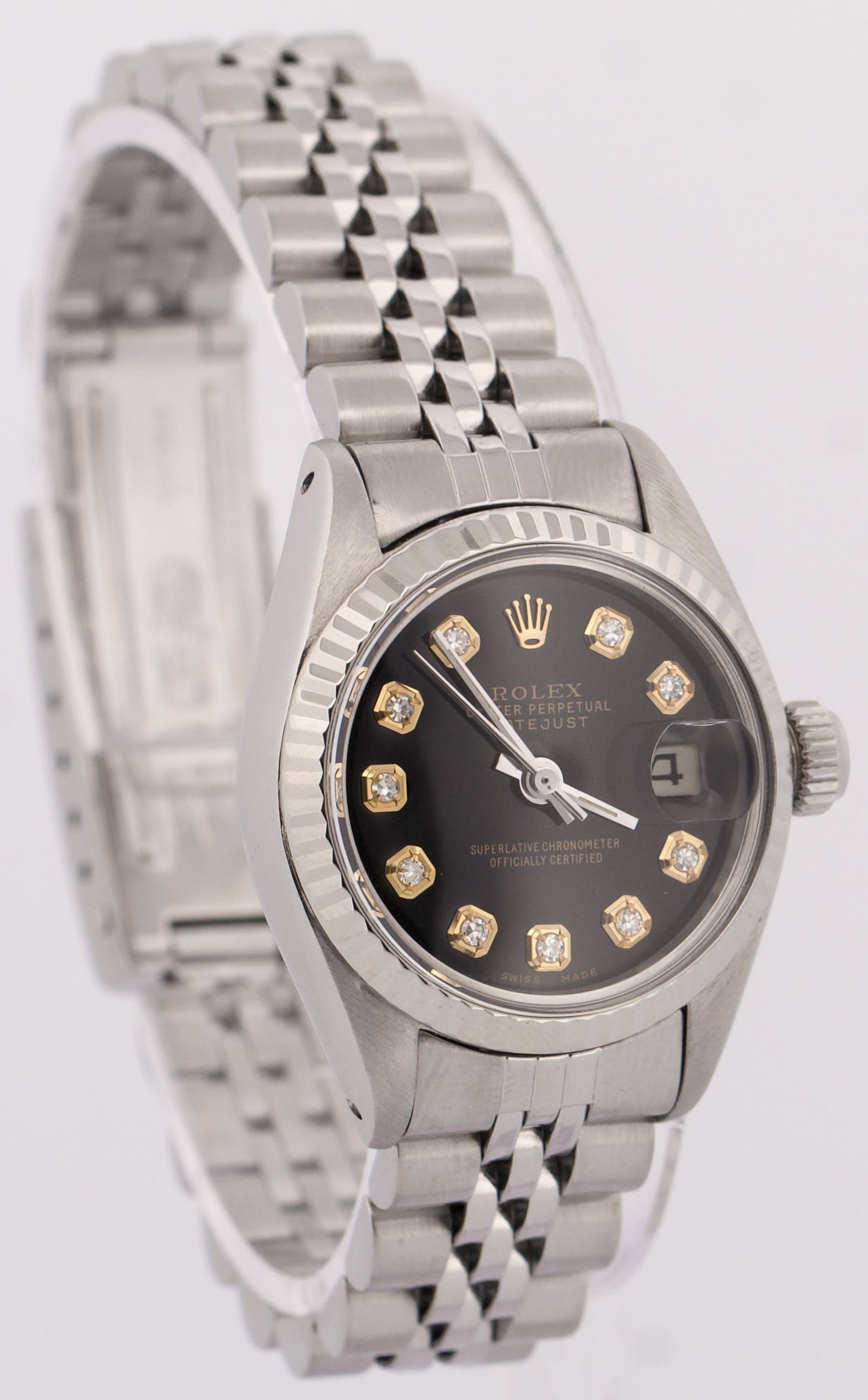 Ladies Rolex DateJust 26mm BLACK DIAMOND Stainless Steel JUBILEE Watch 6916
