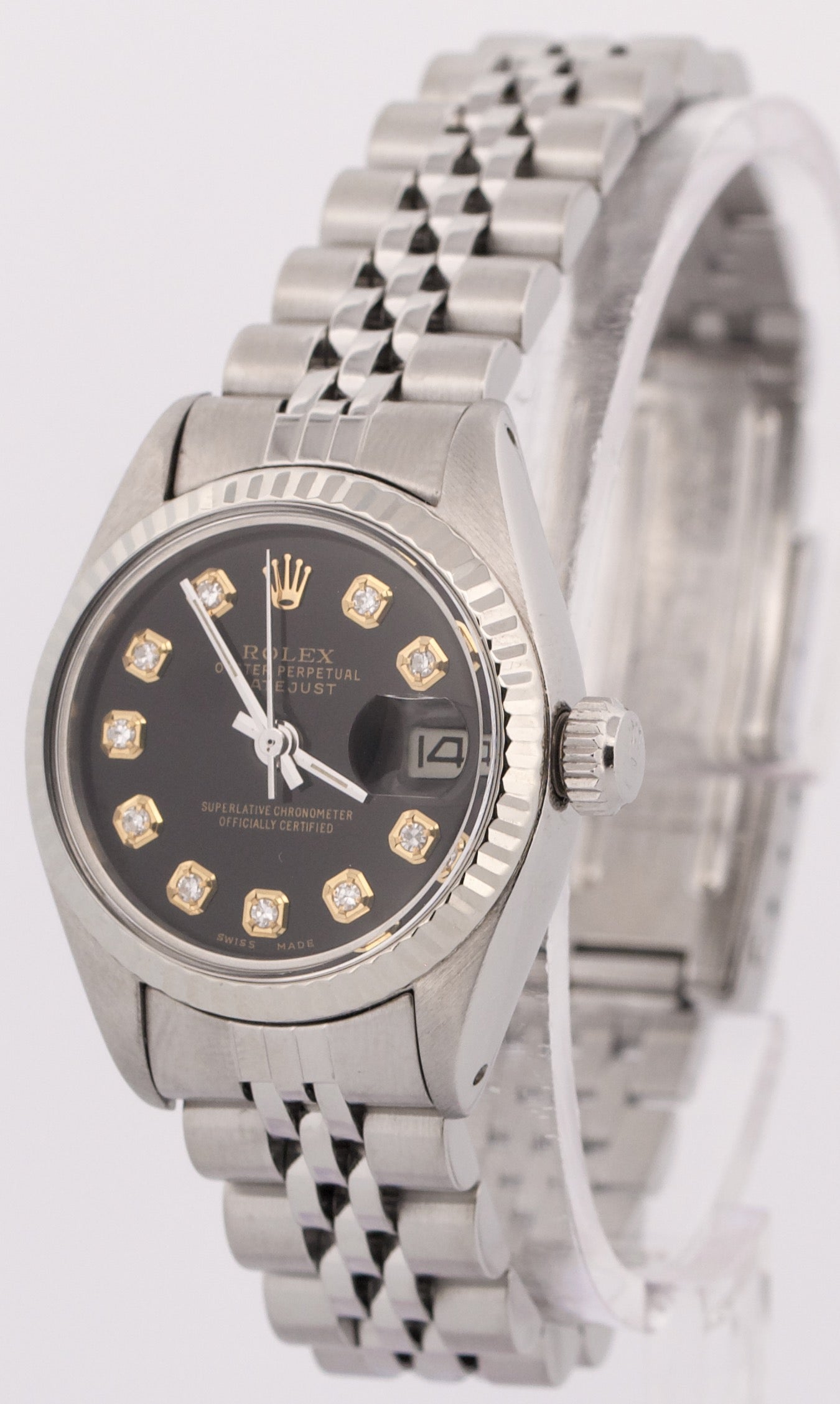 Ladies Rolex DateJust 26mm BLACK DIAMOND Stainless Steel JUBILEE Watch 6916