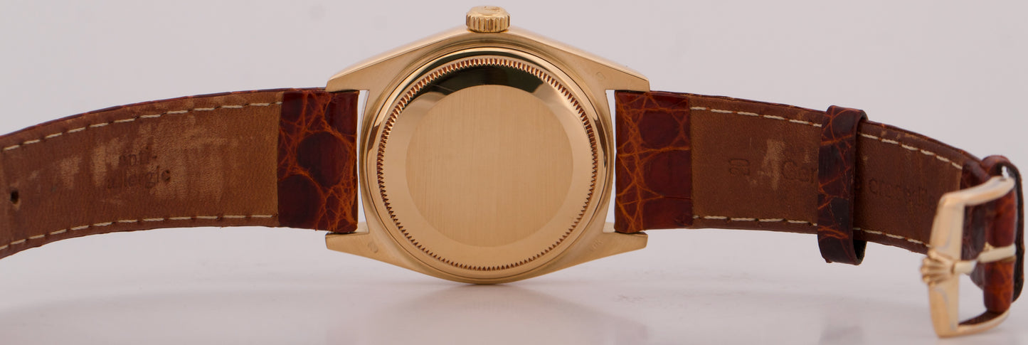 PAPERS Rolex Day-Date SILVER 18K Yellow Gold Fluted Brown Leather 36mm 18038 BOX