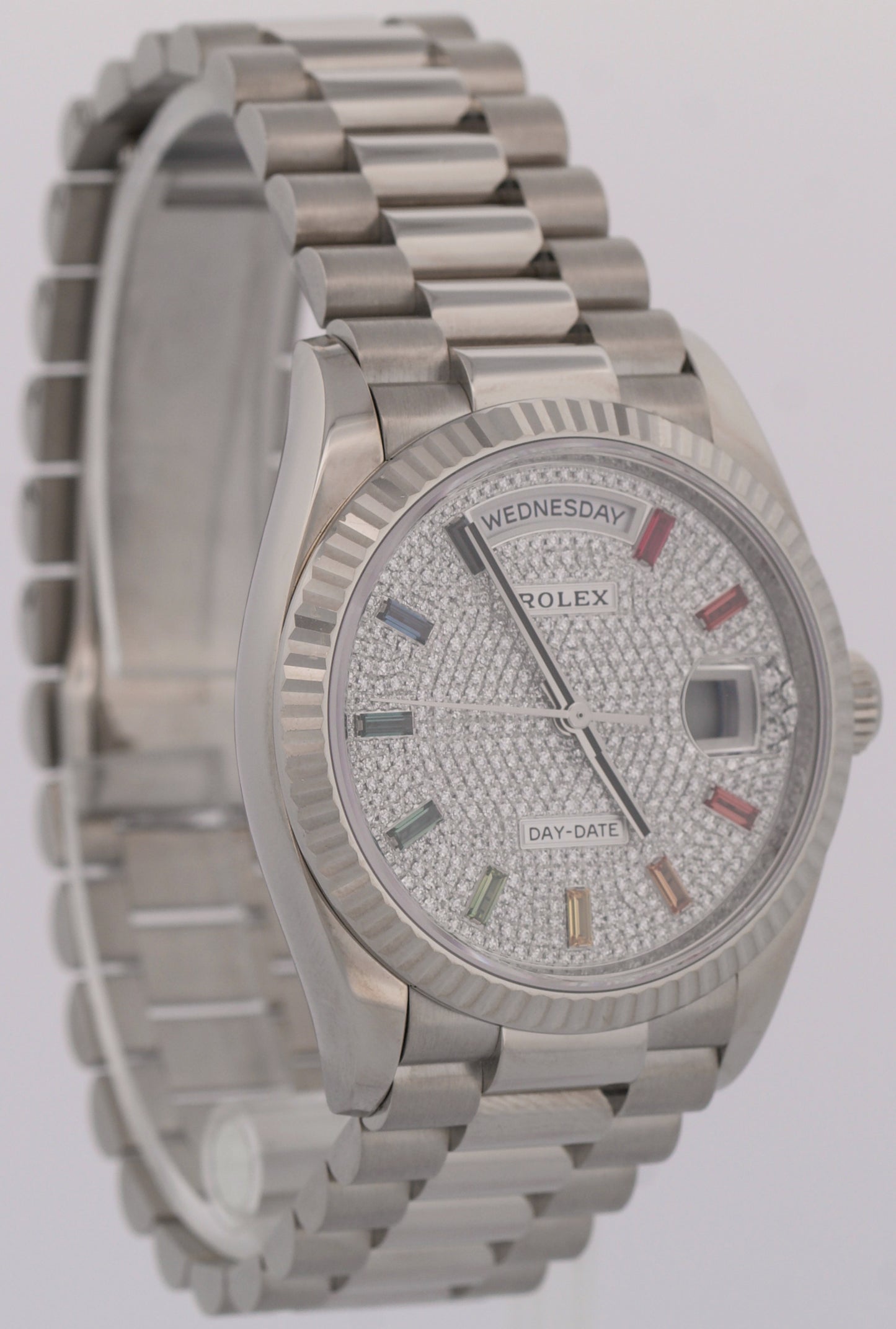 PAPERS Rolex Day-Date 18K GOLD FACTORY PAVE RAINBOW DIAMOND SAPPHIRE 128239 BOX