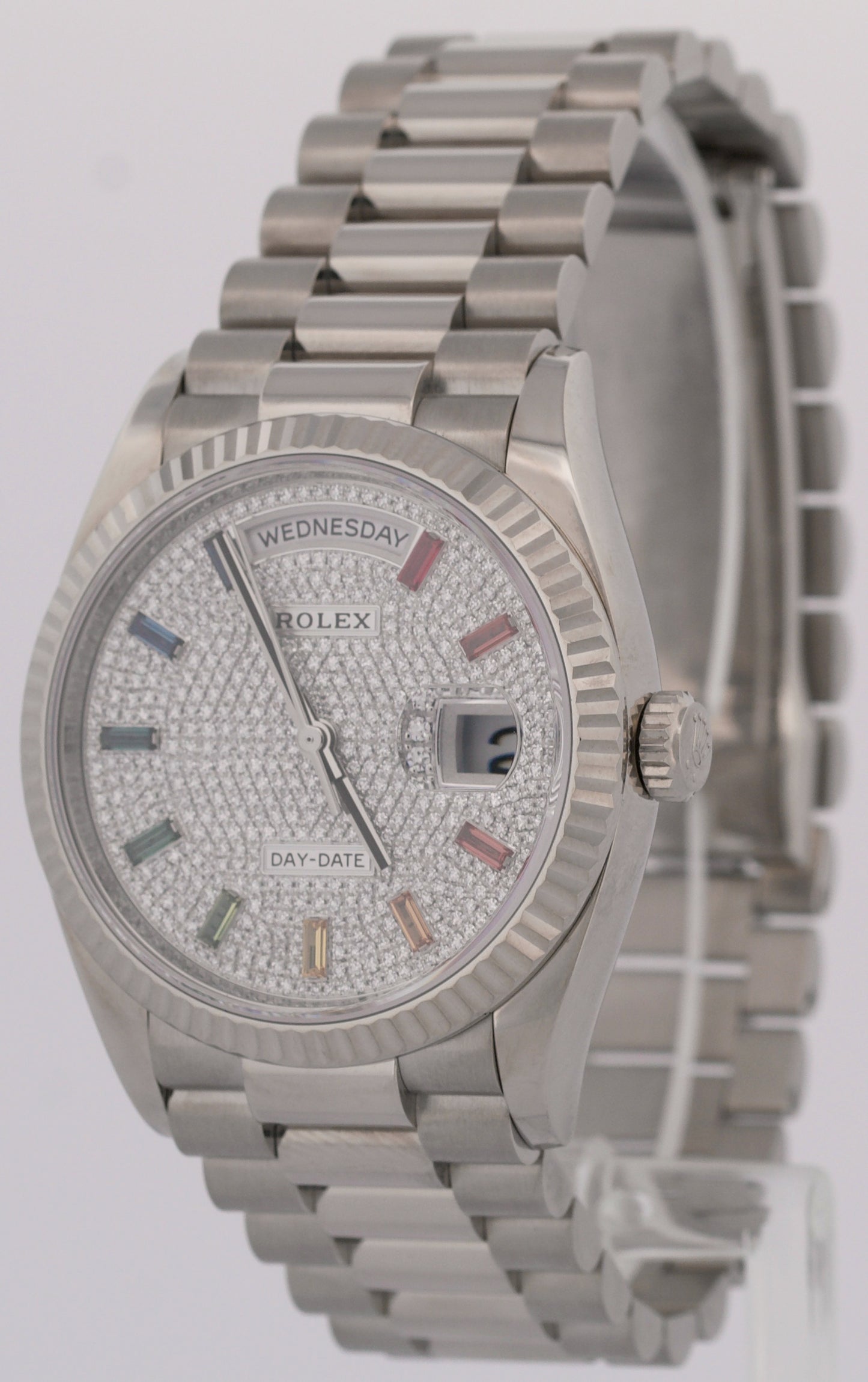 PAPERS Rolex Day-Date 18K GOLD FACTORY PAVE RAINBOW DIAMOND SAPPHIRE 128239 BOX