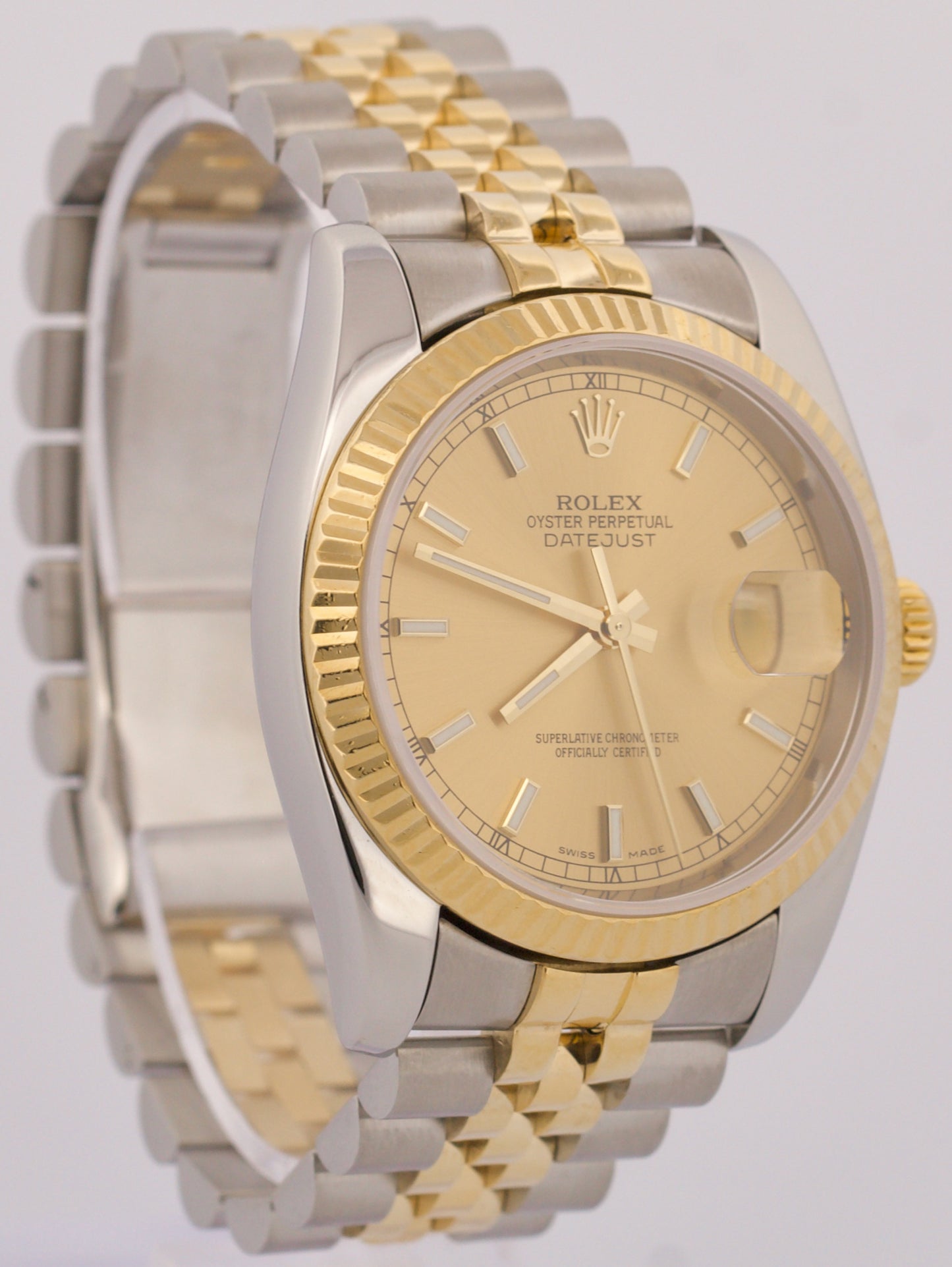 Rolex DateJust 36mm CHAMPAGNE 18K Gold Fluted Steel SUPER JUBILEE 116233 Watch