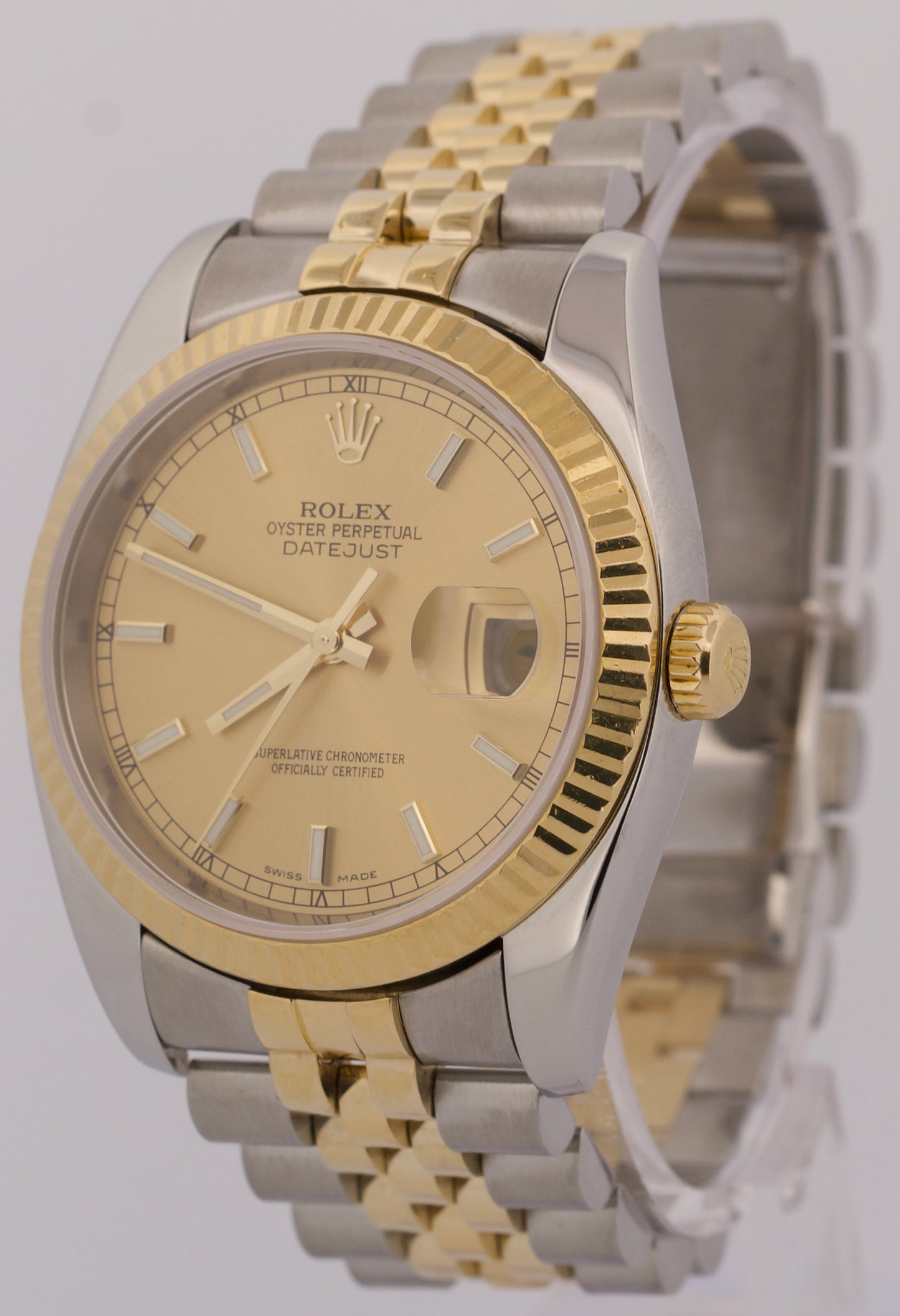 Rolex DateJust 36mm CHAMPAGNE 18K Gold Fluted Steel SUPER JUBILEE 116233 Watch