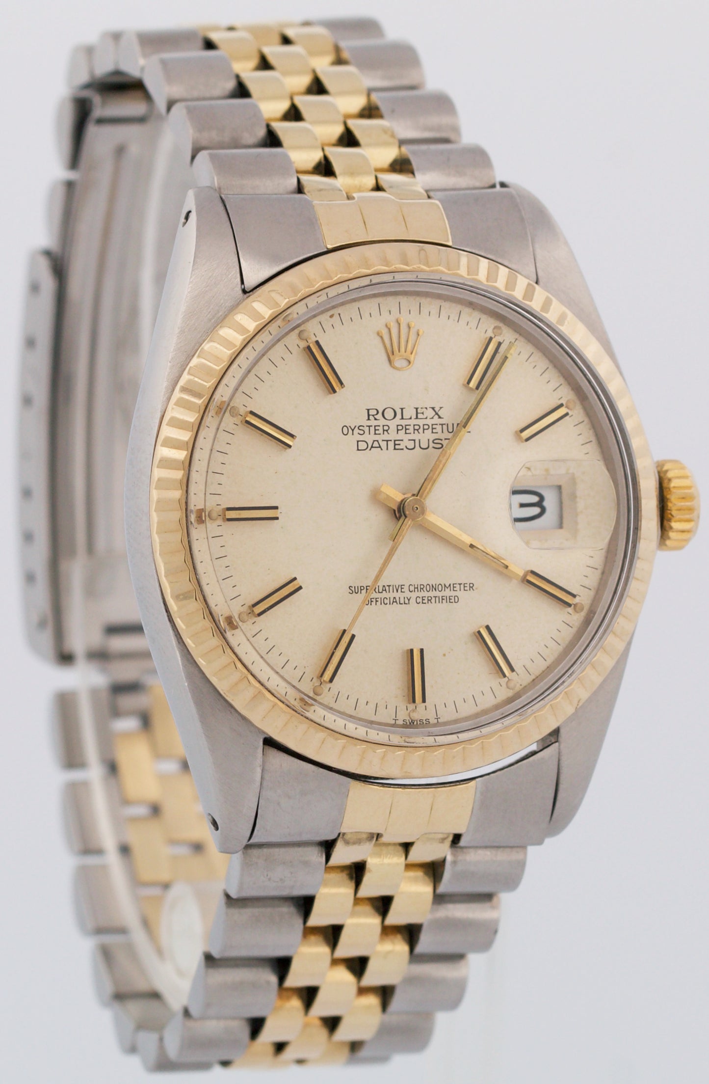 VINTAGE 1982 Rolex DateJust 36mm PATINA SILVER 18K Gold Steel JUBILEE 16013