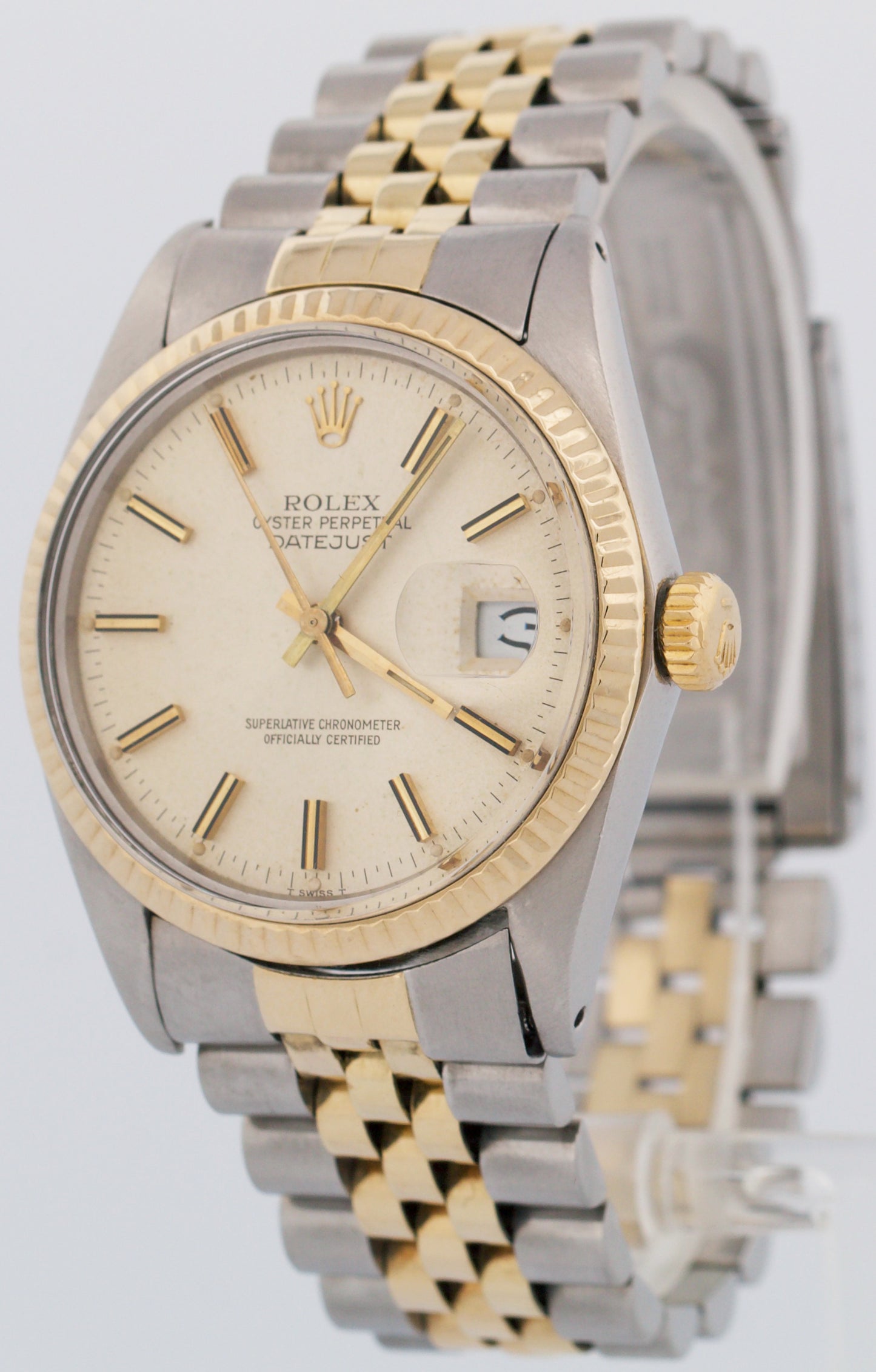 VINTAGE 1982 Rolex DateJust 36mm PATINA SILVER 18K Gold Steel JUBILEE 16013