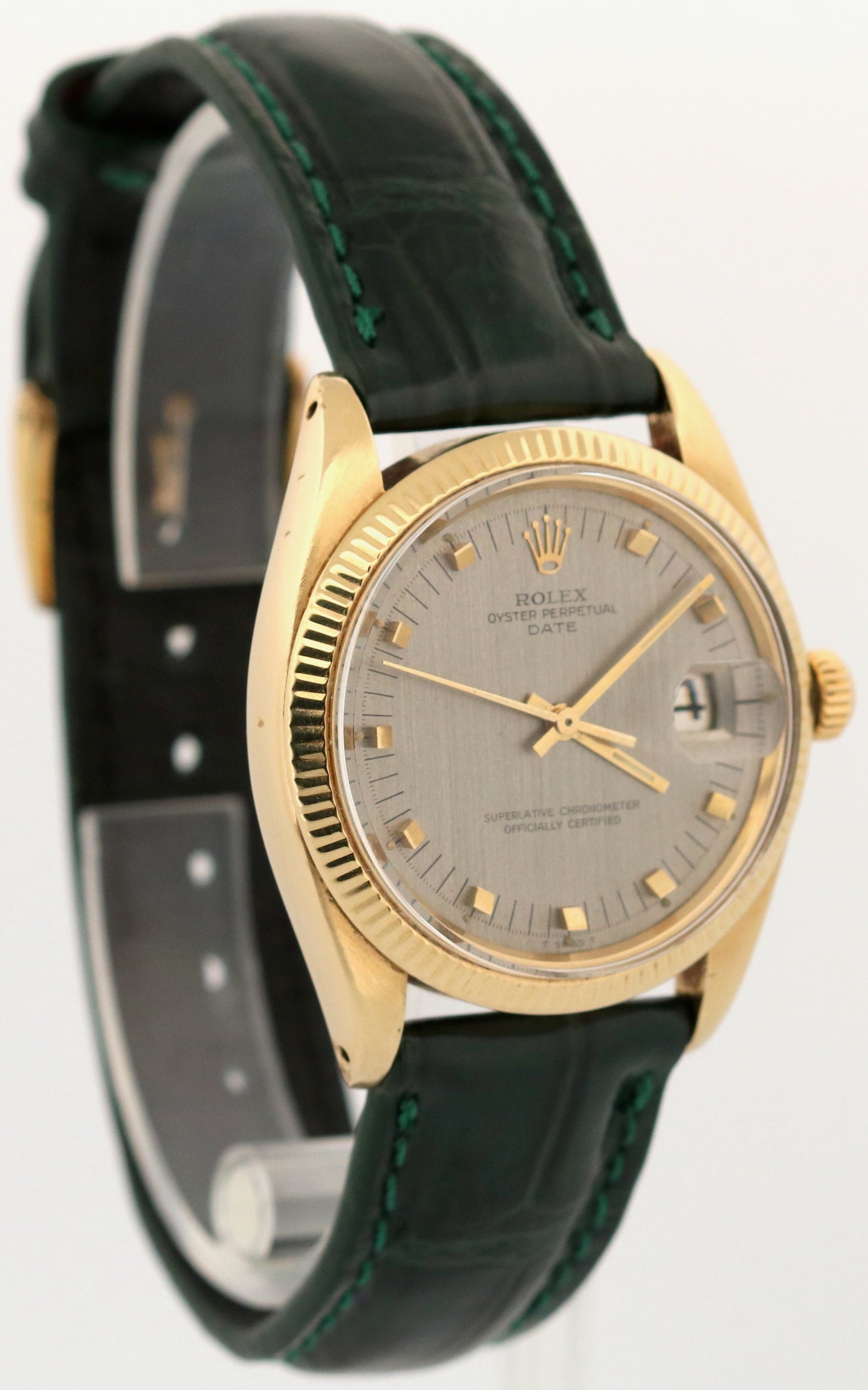 Rolex Oyster Perpetual Date 34mm SILVER 14K Yellow Gold Green Leather 1503 Watch