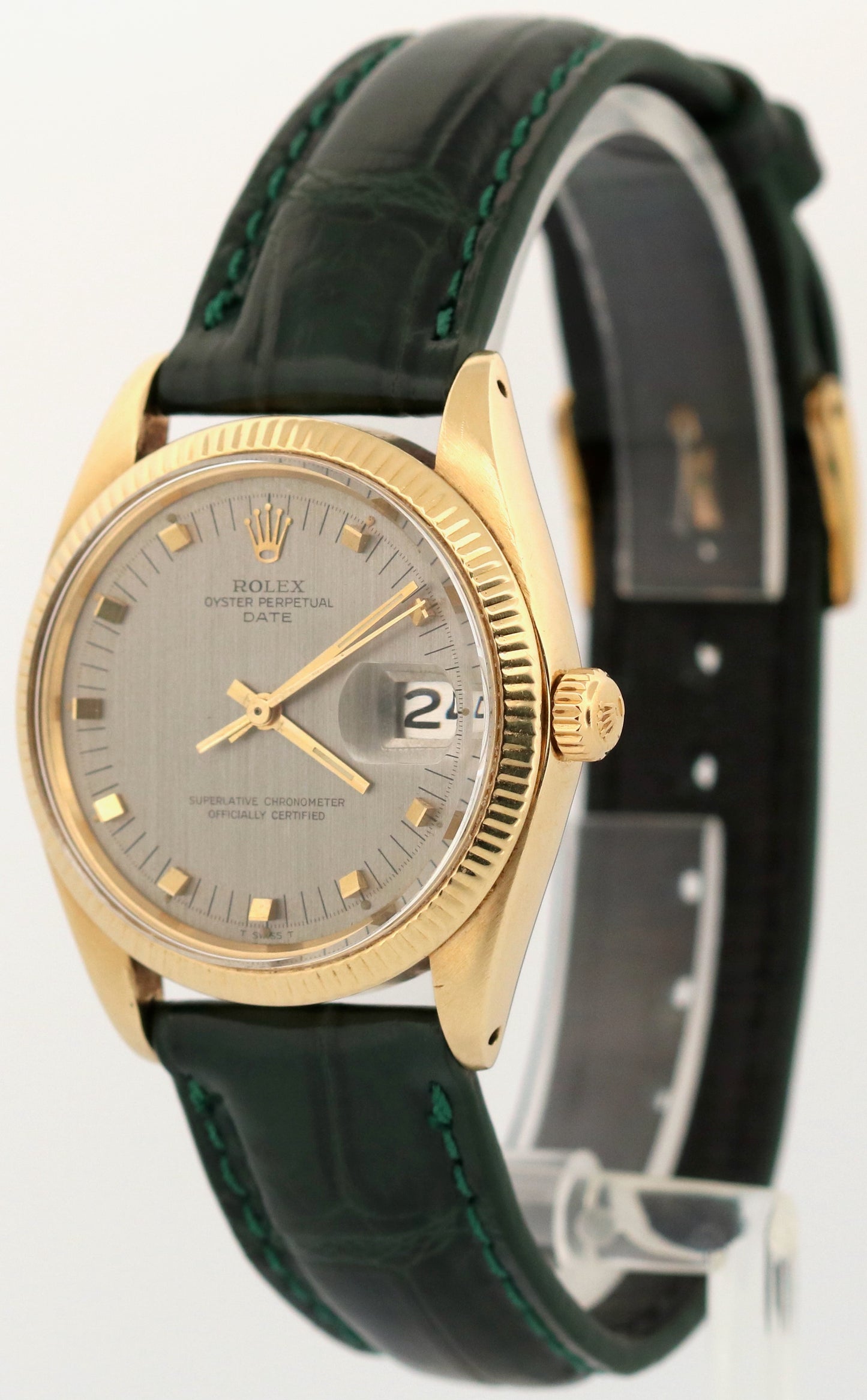 Rolex Oyster Perpetual Date 34mm SILVER 14K Yellow Gold Green Leather 1503 Watch