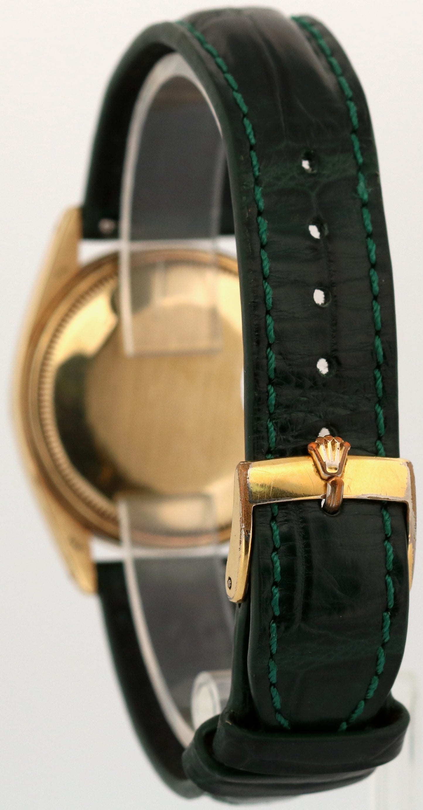 Rolex Oyster Perpetual Date 34mm SILVER 14K Yellow Gold Green Leather 1503 Watch