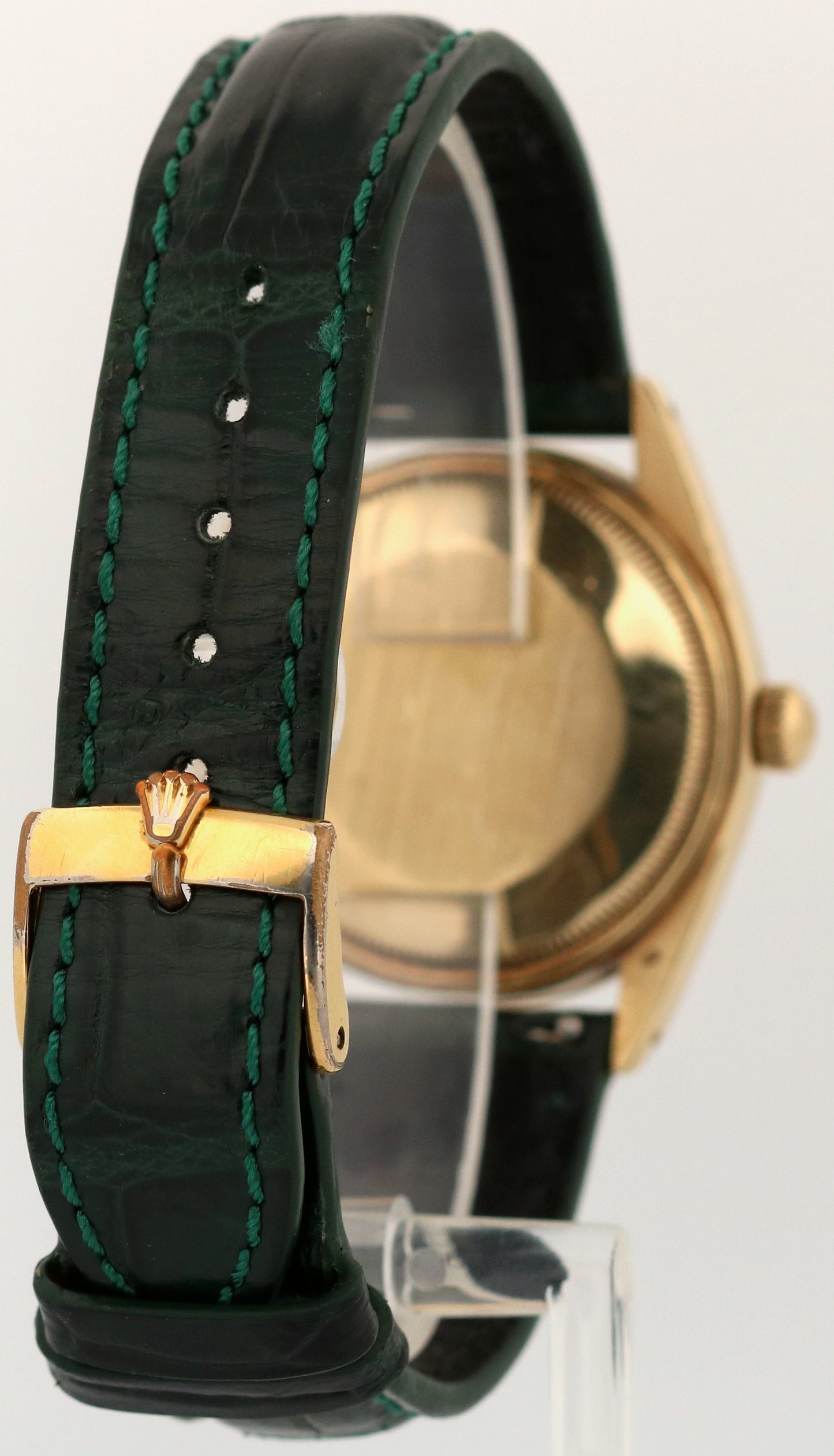 Rolex Oyster Perpetual Date 34mm SILVER 14K Yellow Gold Green Leather 1503 Watch