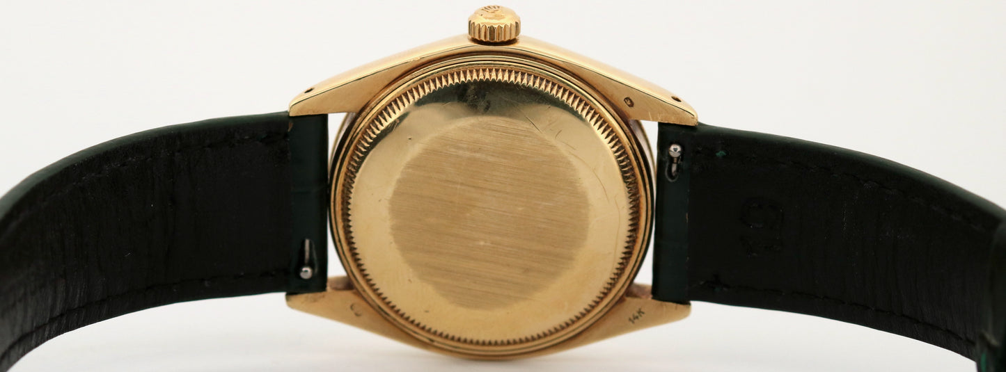 Rolex Oyster Perpetual Date 34mm SILVER 14K Yellow Gold Green Leather 1503 Watch