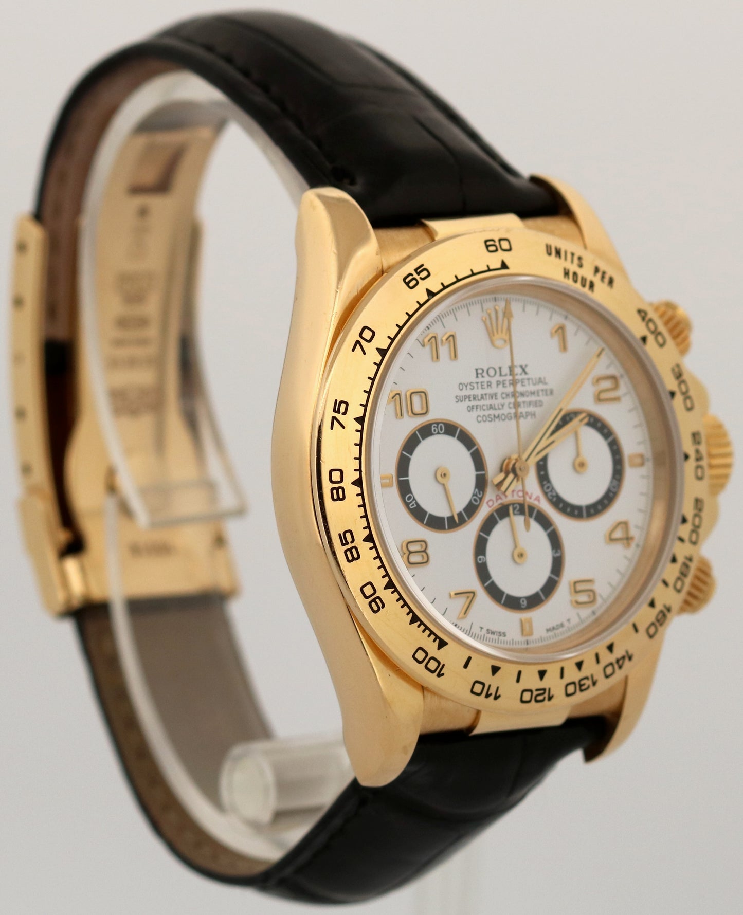 Rolex Daytona Cosmograph WHITE ARABIC 18K Yellow Gold Black Leather 16518 Watch