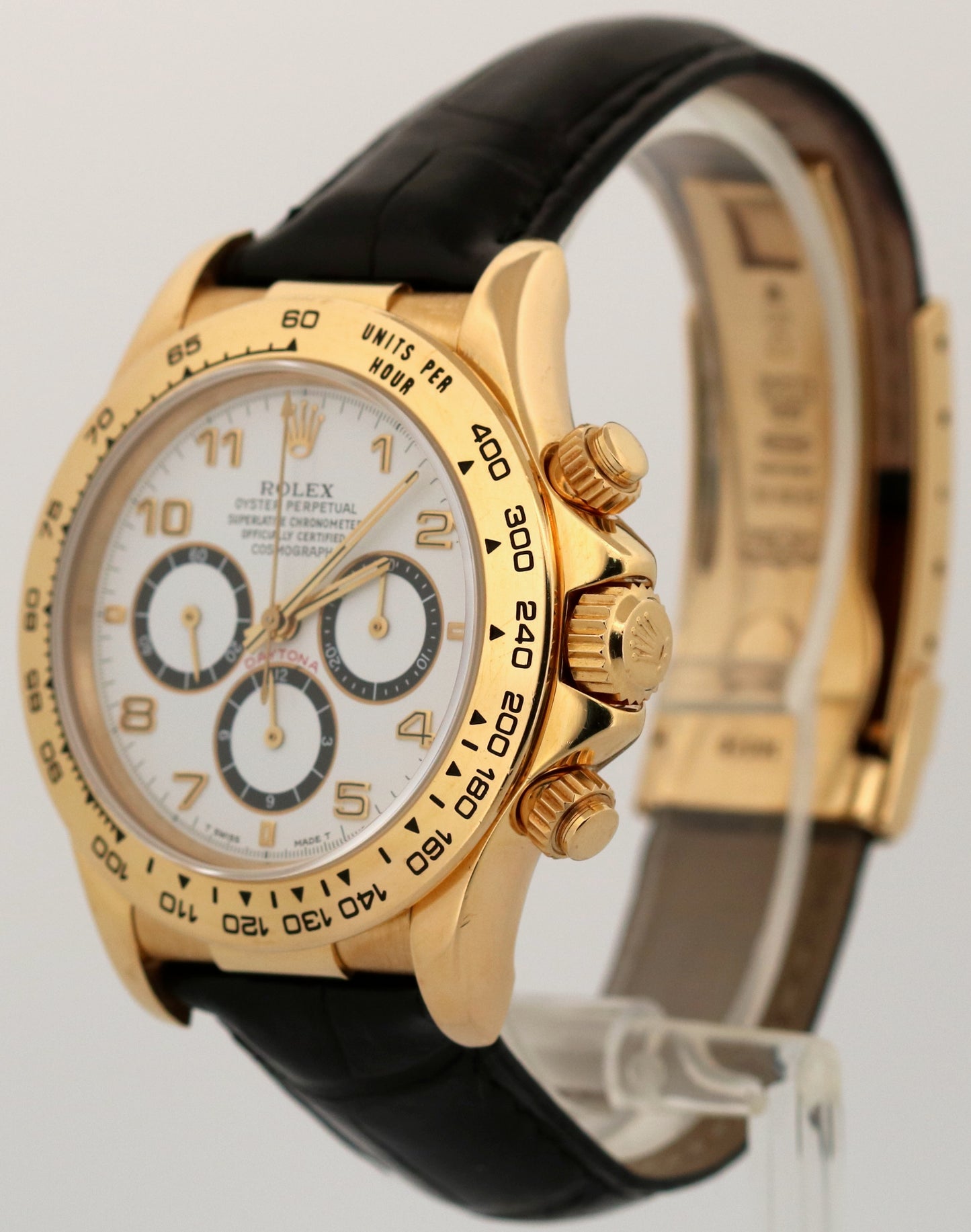 Rolex Daytona Cosmograph WHITE ARABIC 18K Yellow Gold Black Leather 16518 Watch