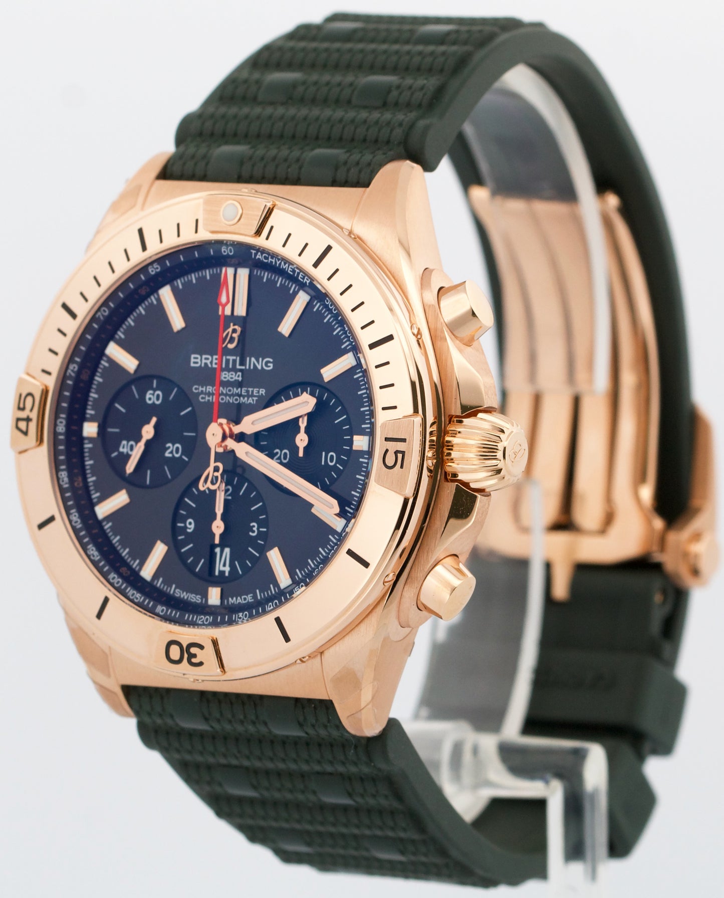 NEW 2025 PAPERS Breitling Chronomat B01 GREEN 18K Rose Gold RB0134 42mm BOX