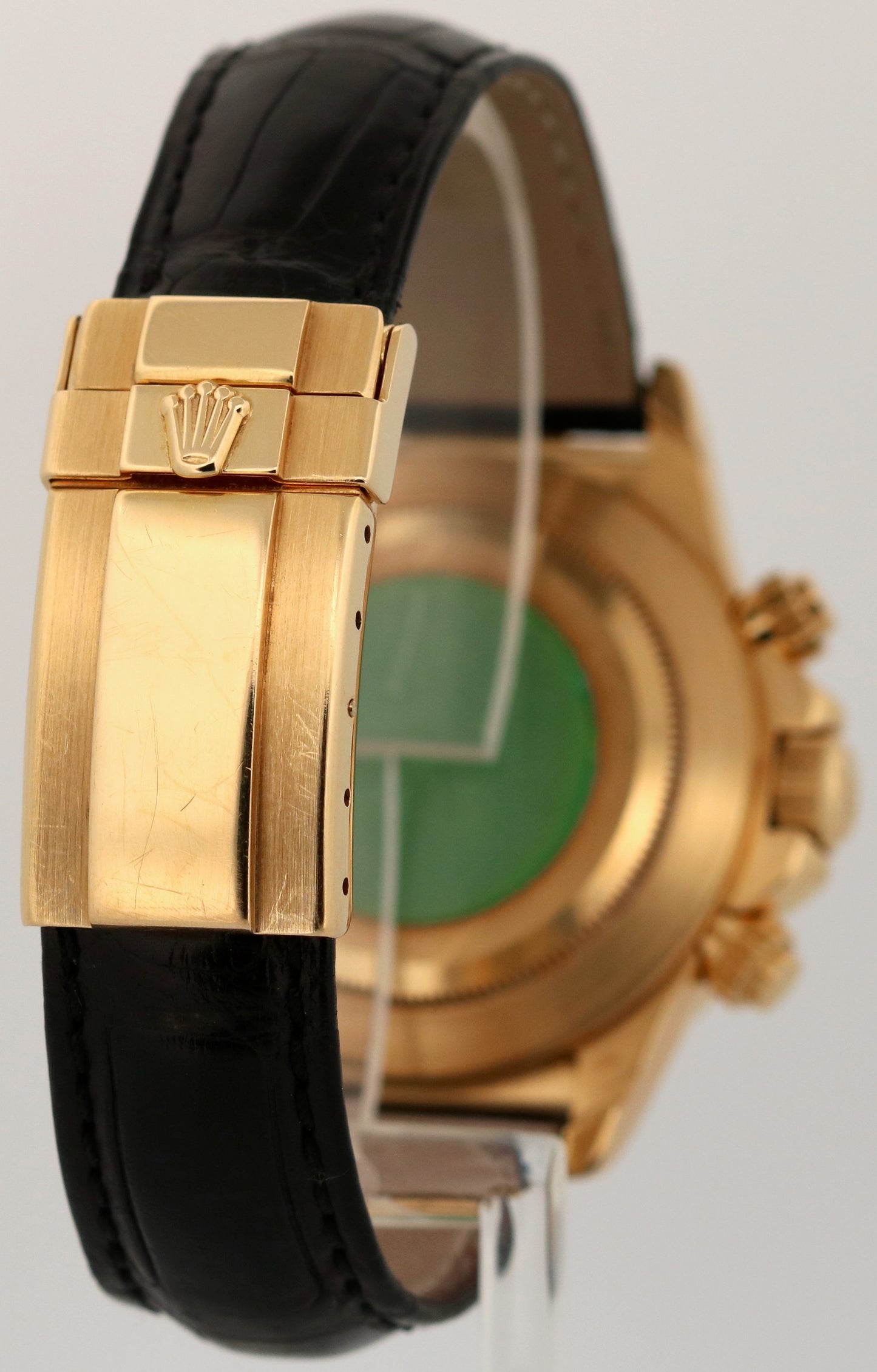 Rolex Daytona Cosmograph WHITE ARABIC 18K Yellow Gold Black Leather 16518 Watch