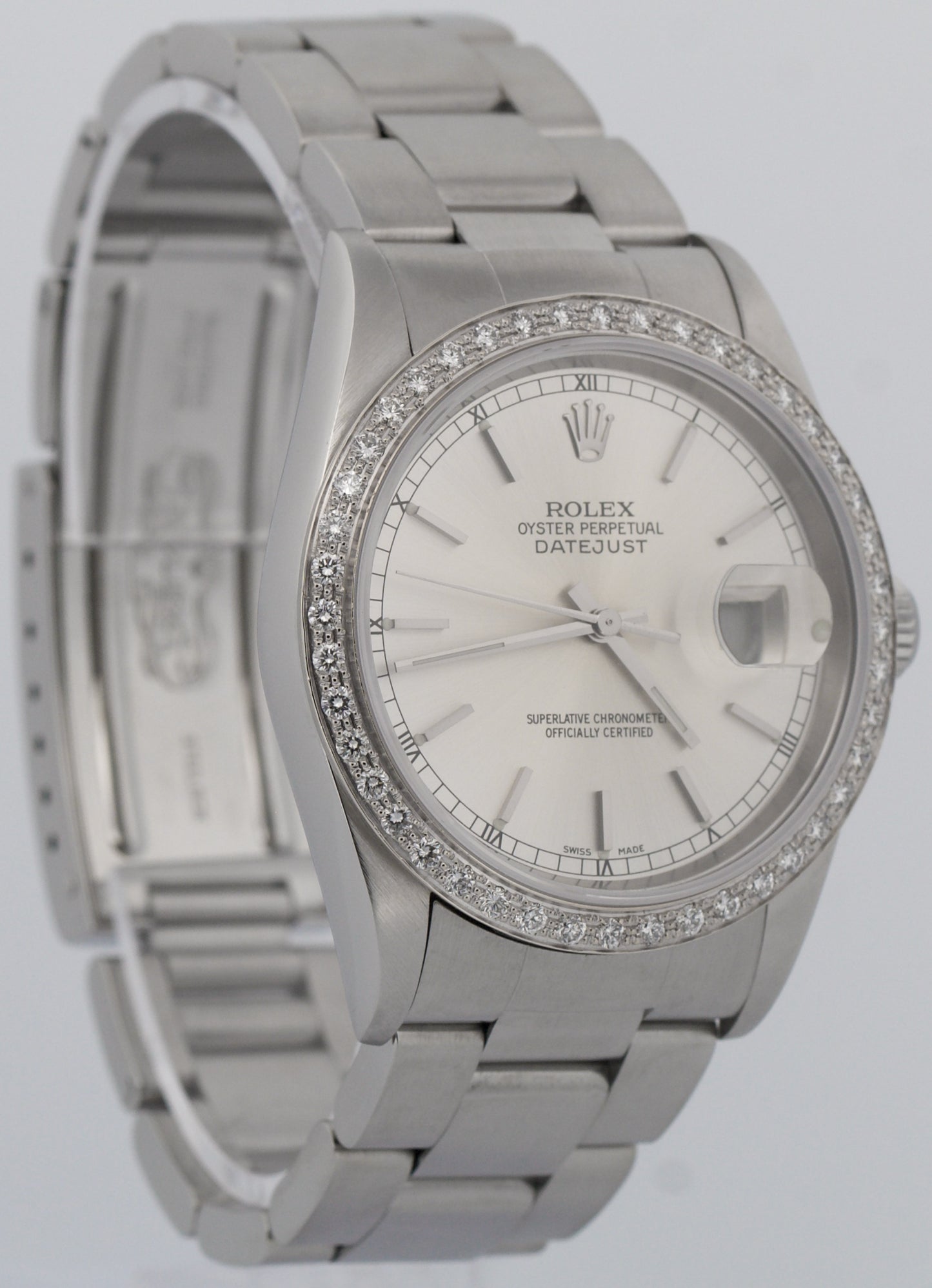 Rolex DateJust 36mm SILVER DIAMOND Stainless Steel Oyster NO-HOLES Watch 16200