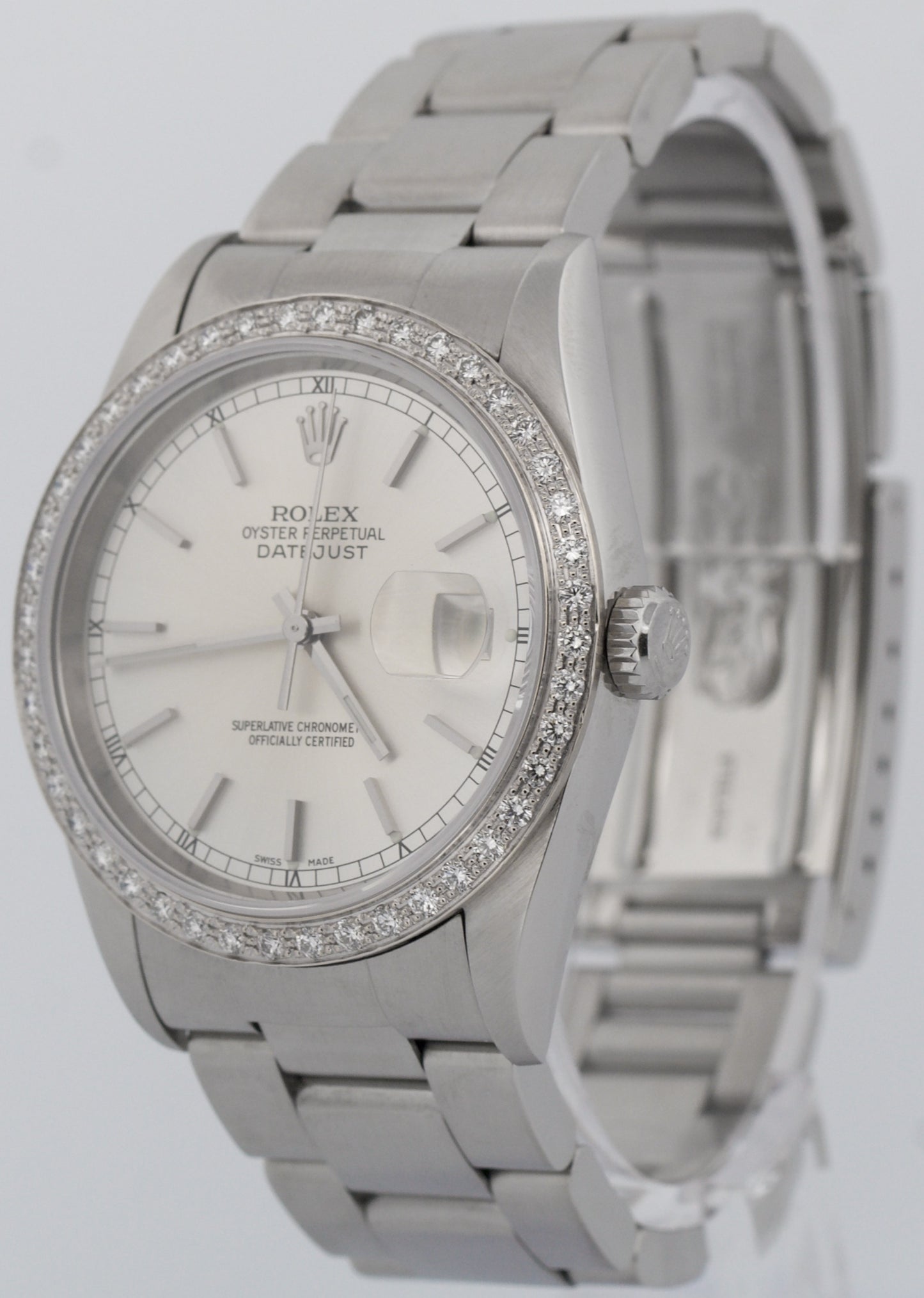Rolex DateJust 36mm SILVER DIAMOND Stainless Steel Oyster NO-HOLES Watch 16200