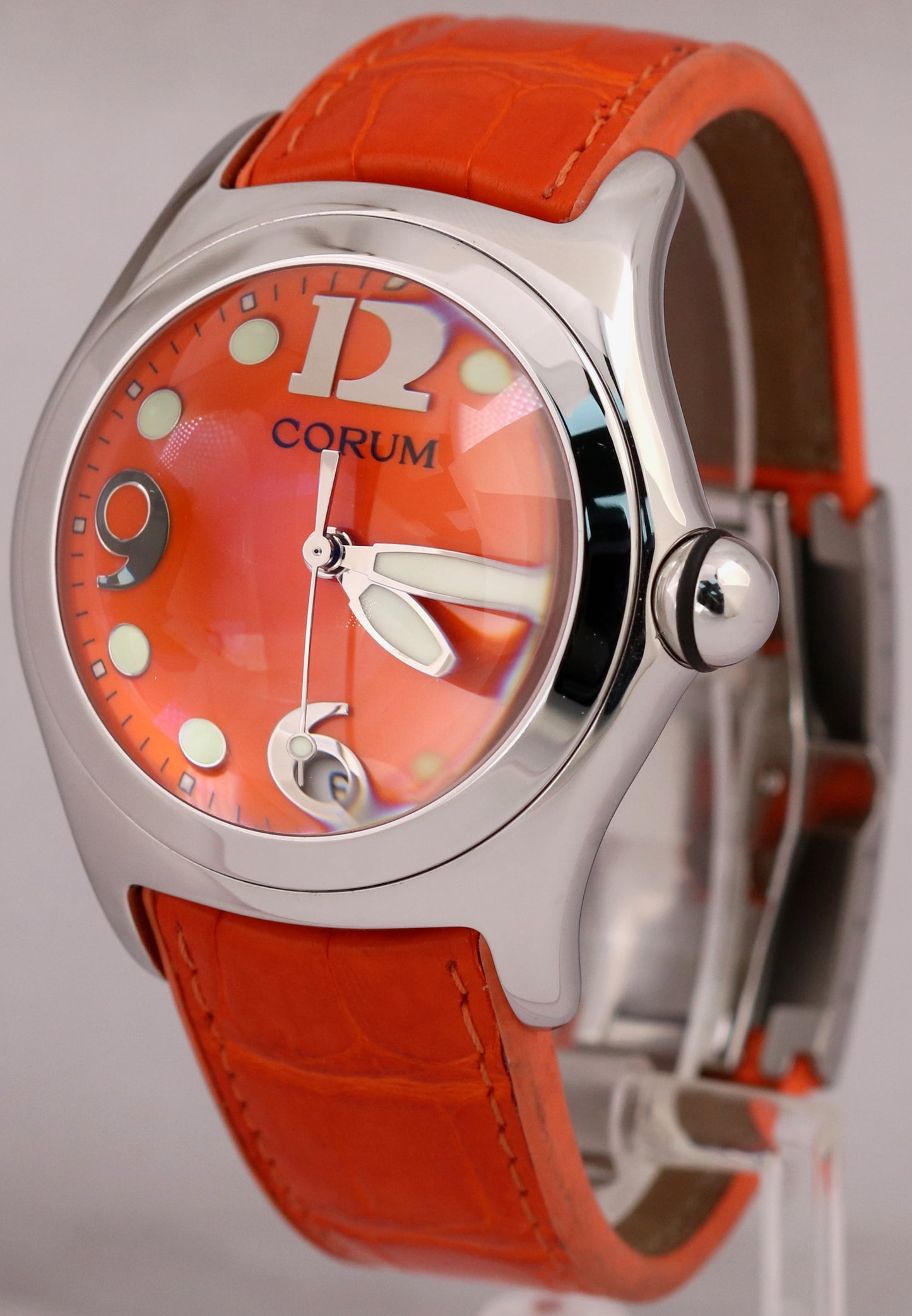 MINT Corum Bubble Orange Leather 45mm 163.150.20 Stainless Steel Quartz Watch