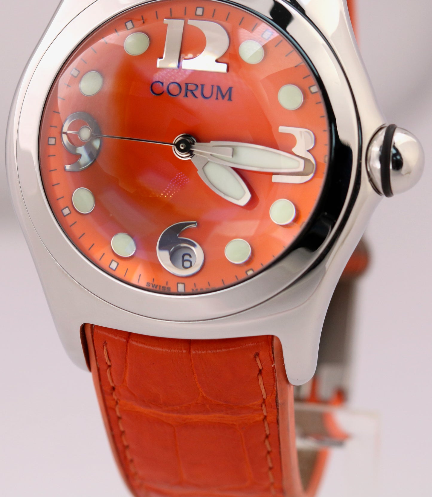 MINT Corum Bubble Orange Leather 45mm 163.150.20 Stainless Steel Quartz Watch