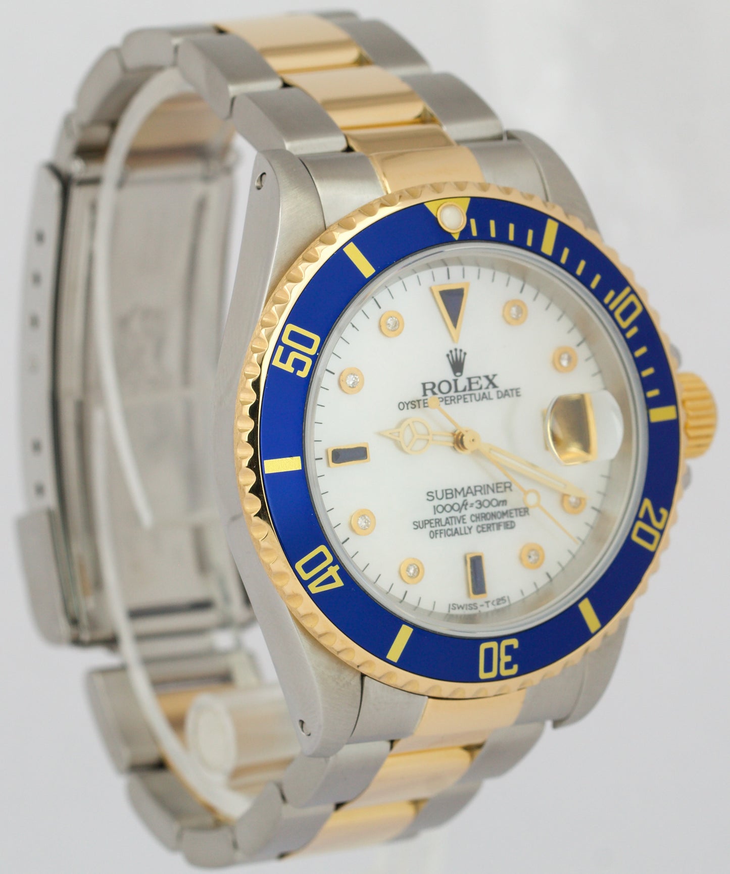MINT Rolex Submariner Date 40mm Blue MOP DIAMOND 18K Gold Stainless Steel 16613