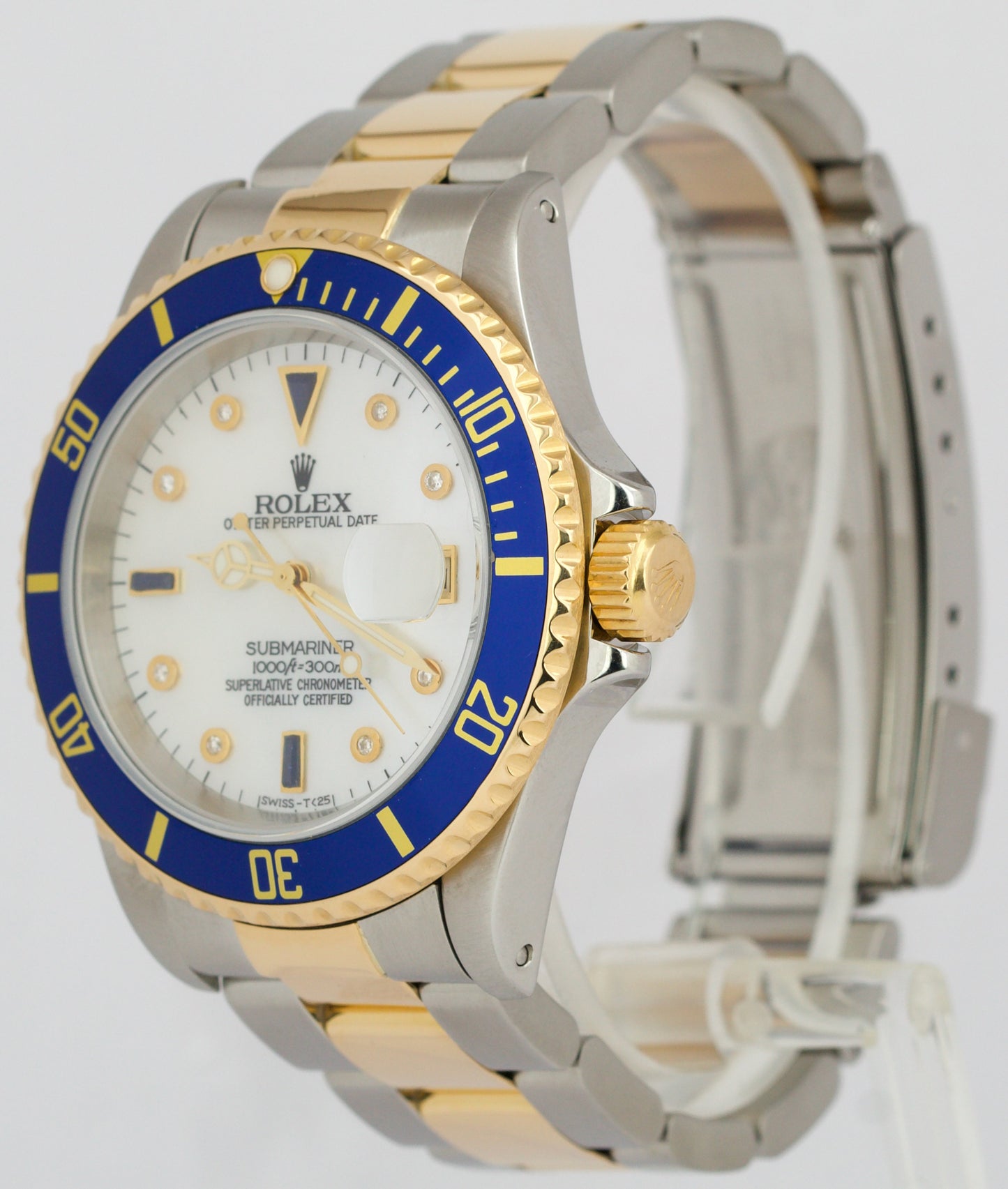 MINT Rolex Submariner Date 40mm Blue MOP DIAMOND 18K Gold Stainless Steel 16613