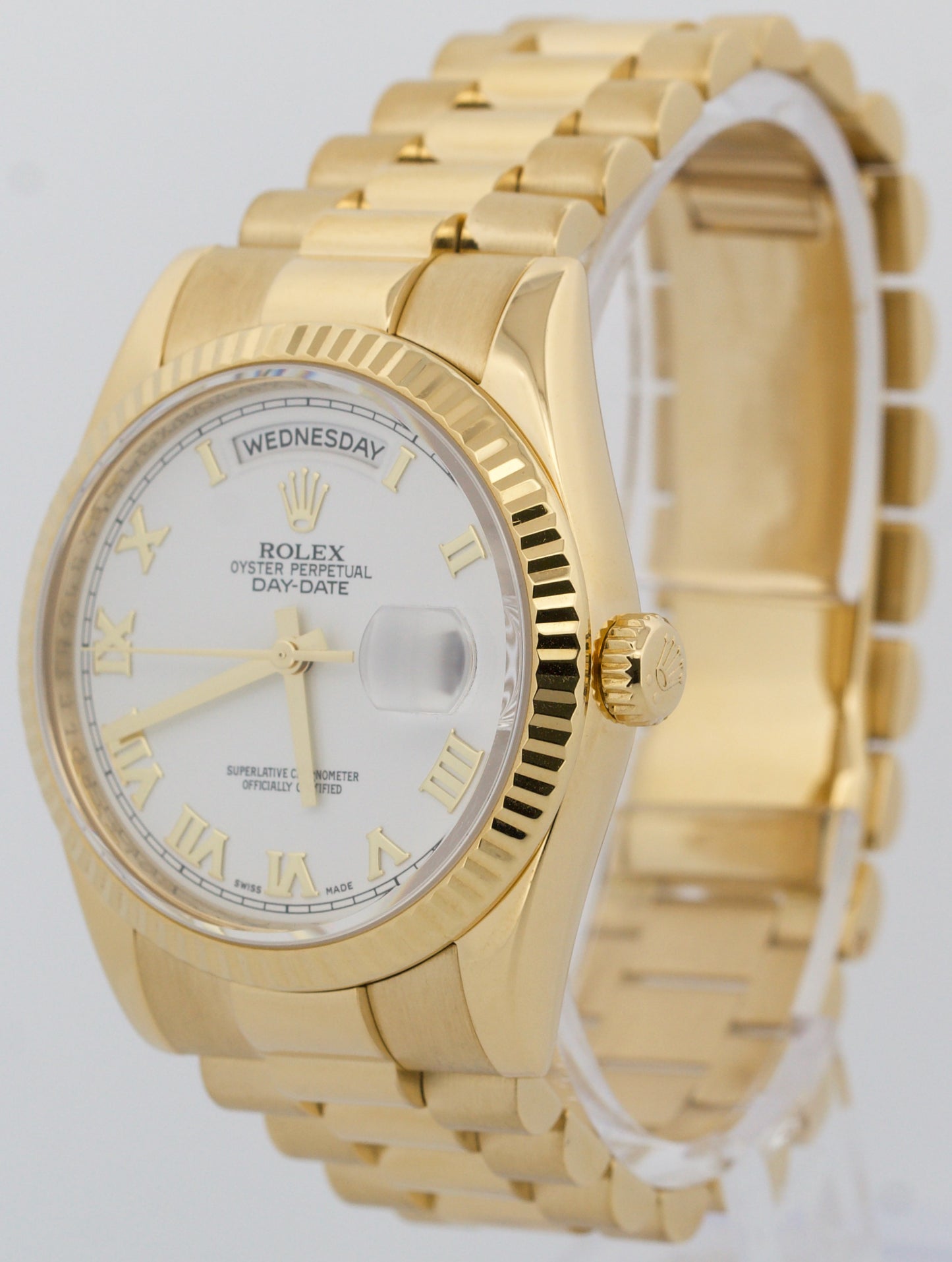 Rolex Day-Date President WHITE ROMAN 18K Yellow Gold Fluted 36mm 118238 BOX