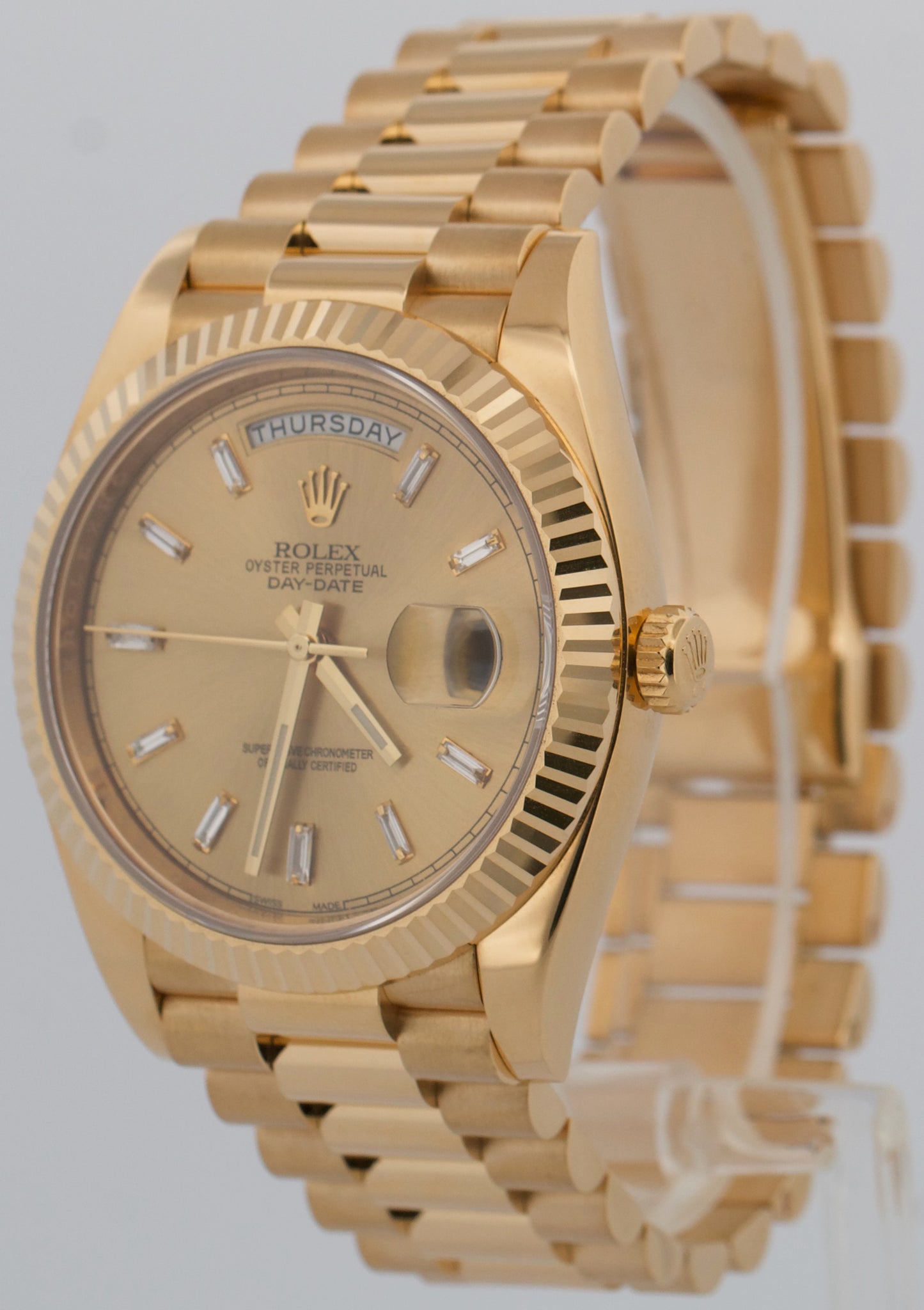 Rolex Day-Date President 40mm CHAMPAGNE BAGUETTE DIAMOND 18K Gold 228238 BOX