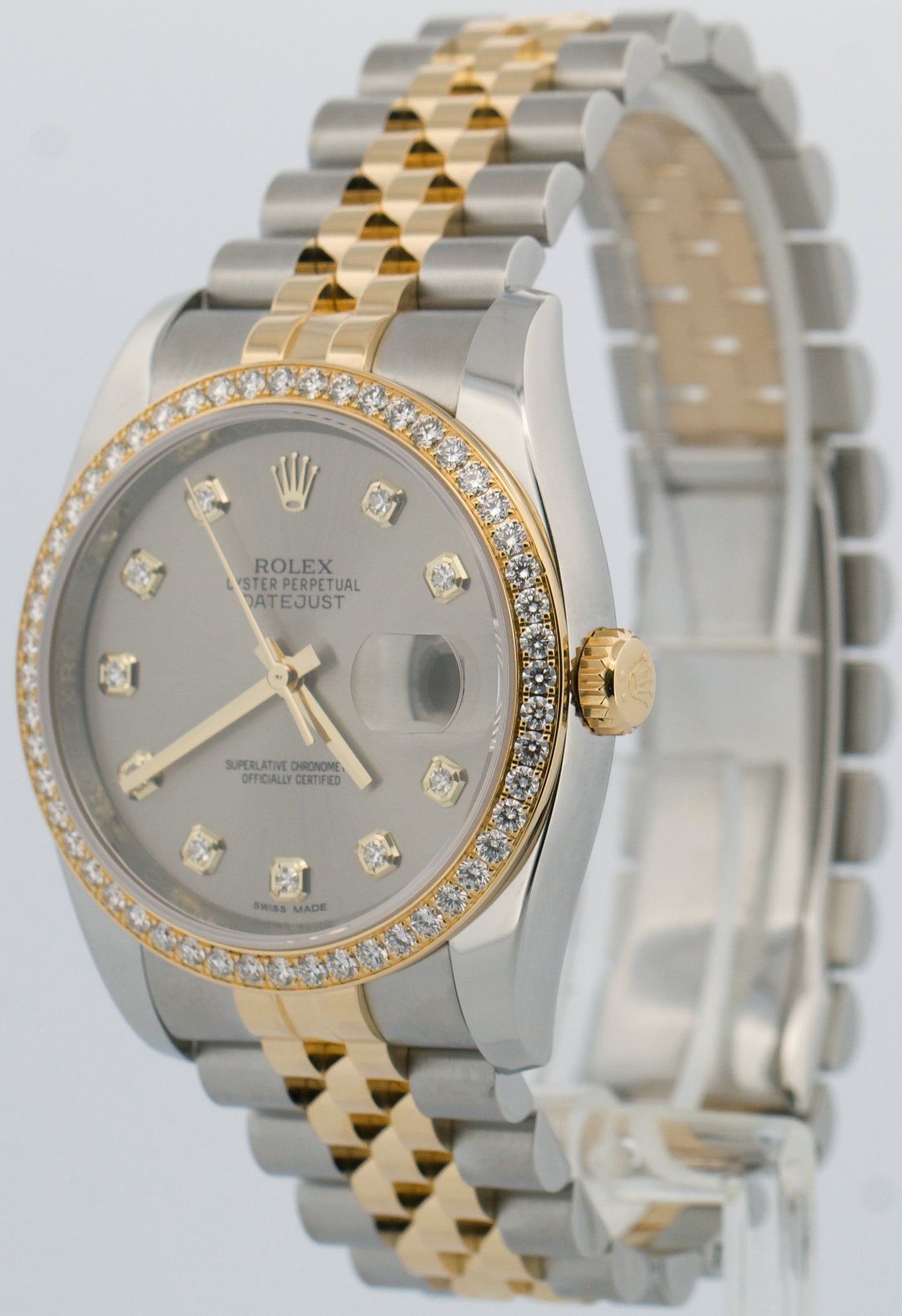 PAPERS Rolex DateJust 36mm FACTORY RHODIUM DIAMOND 18K Gold JUBILEE 116243 BOX